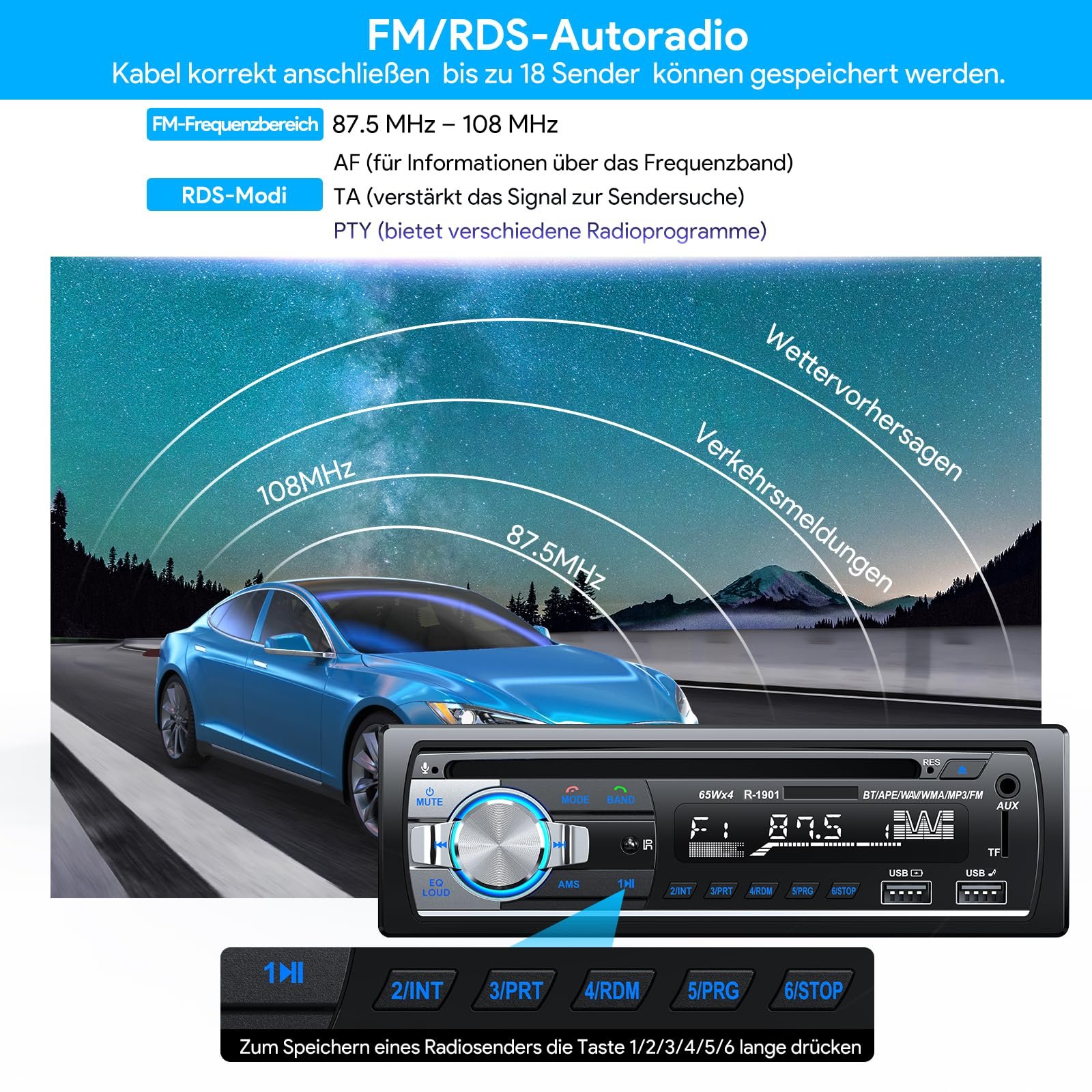 Автомагнітола CENXINY Bluetooth 5.0 RDS 1 DIN 4 x 65 Вт з годинником/пультом дистанційного керування, MP3-плеєр, 2 USB/AUX входи/TF/SD/FM/iOS Android (без CD), фото №4