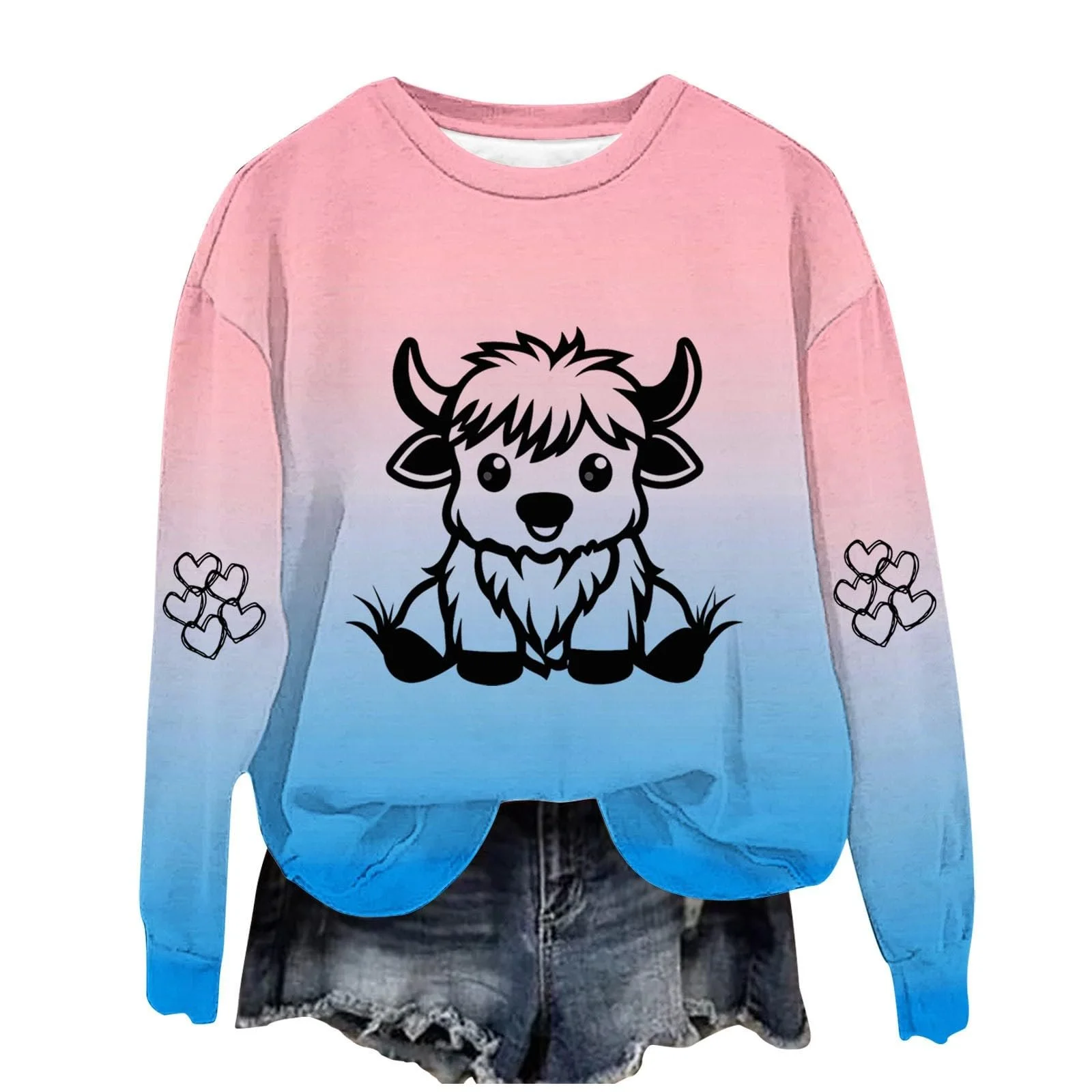 Пуловер Komiseup Basic С круглым вырезом Рубашка с длинными рукавами Винтажный коровий принт Свитшот с длинными рукавами без капюшона Свободный Повседневный Пуловер Праздничные животные мотивы Спортивная рубашка для девушек-подростков Streetwear 07, фото №1