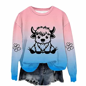 Пуловер Komiseup Basic С круглым вырезом Рубашка с длинными рукавами Винтажный коровий принт Свитшот с длинными рукавами без капюшона Свободный Повседневный Пуловер Праздничные животные мотивы Спортивная рубашка для девушек-подростков Streetwear 07 - Фото 1