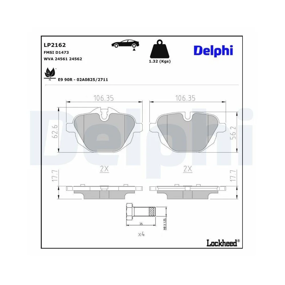 Комплект тормозных колодок, дисковый тормоз Delphi LP2162 для BMW, BMW (Brilliance), фото №1