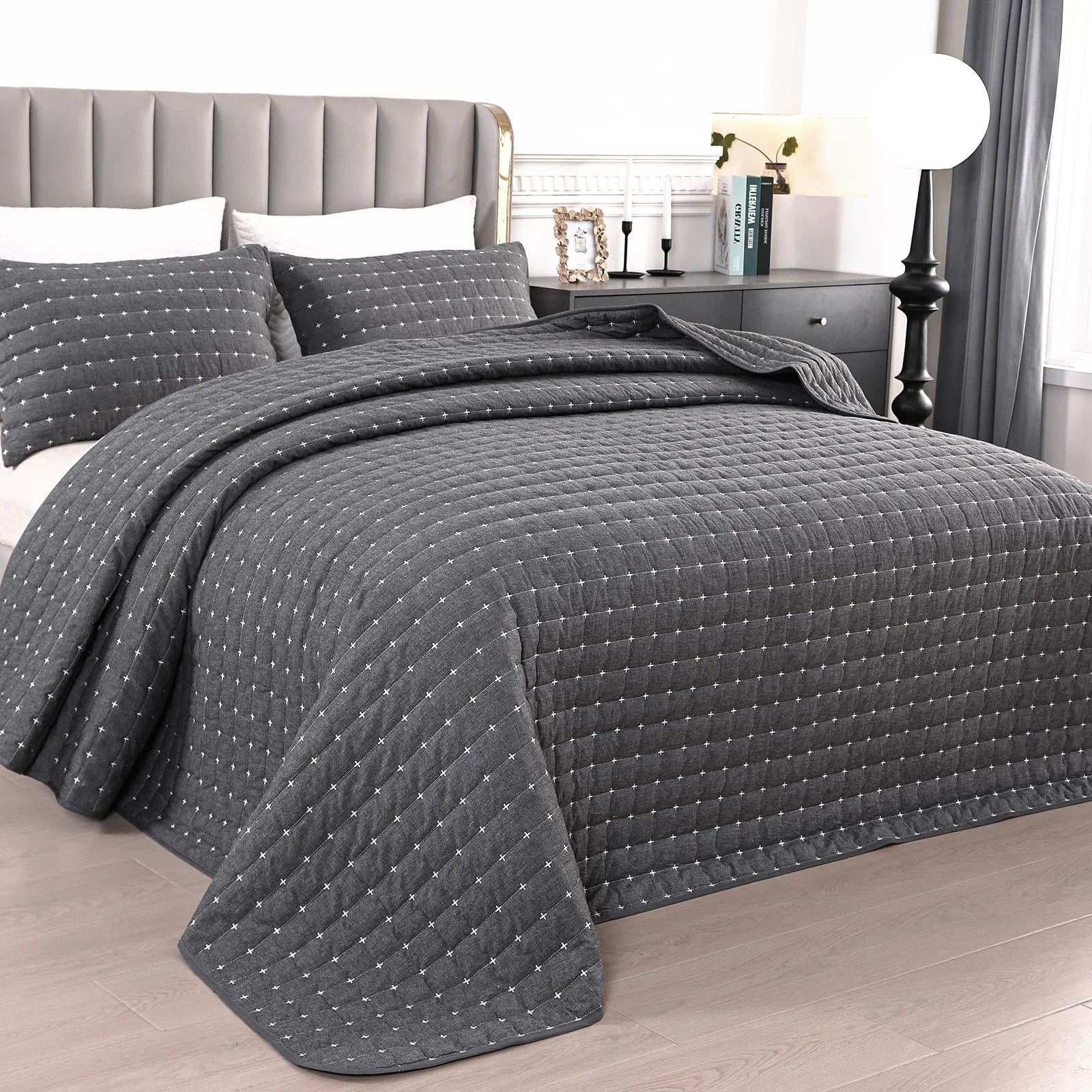 Покрывало Qucover 240 x 260 см, темно-серое, 100% хлопок, ультрамягкое, вышитое, стеганое, с 2 наволочками, плед для дивана, фото №7