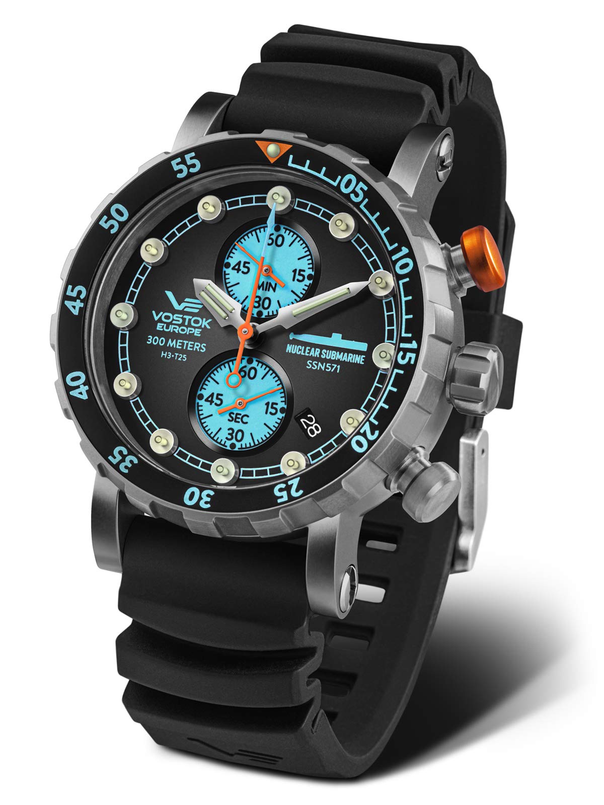 Чоловічий годинник Vostok Europe Nuclear Submarine Chronograph VK61 30 ATM з датою з шкіряним ремінцем, силіконовим ремінцем і сухим боксом, фото №1