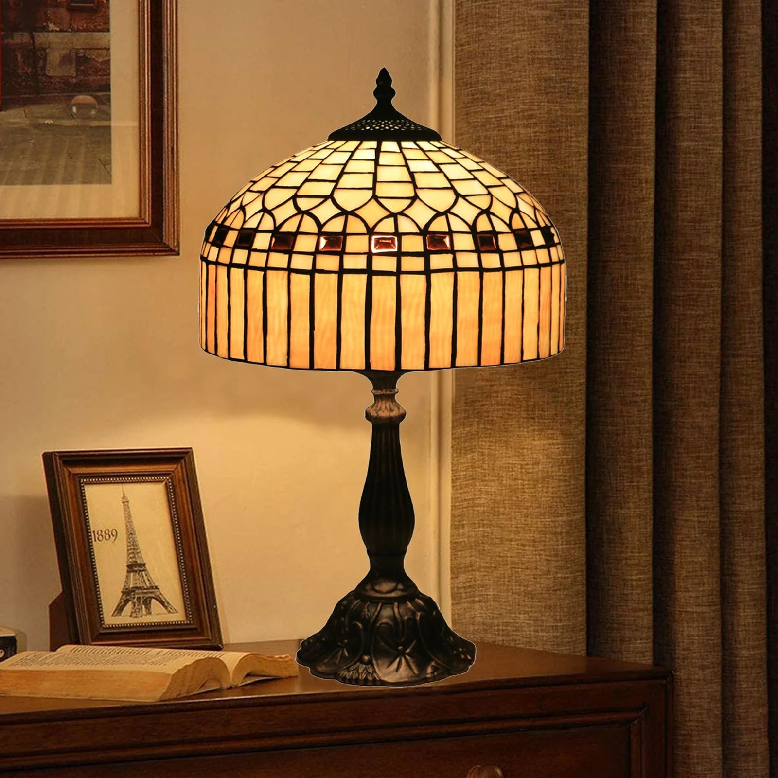 Настільна лампа Tiffany 12 дюймів Ретро Вінтажна Вітражне скло LED Золотиста, фото №5