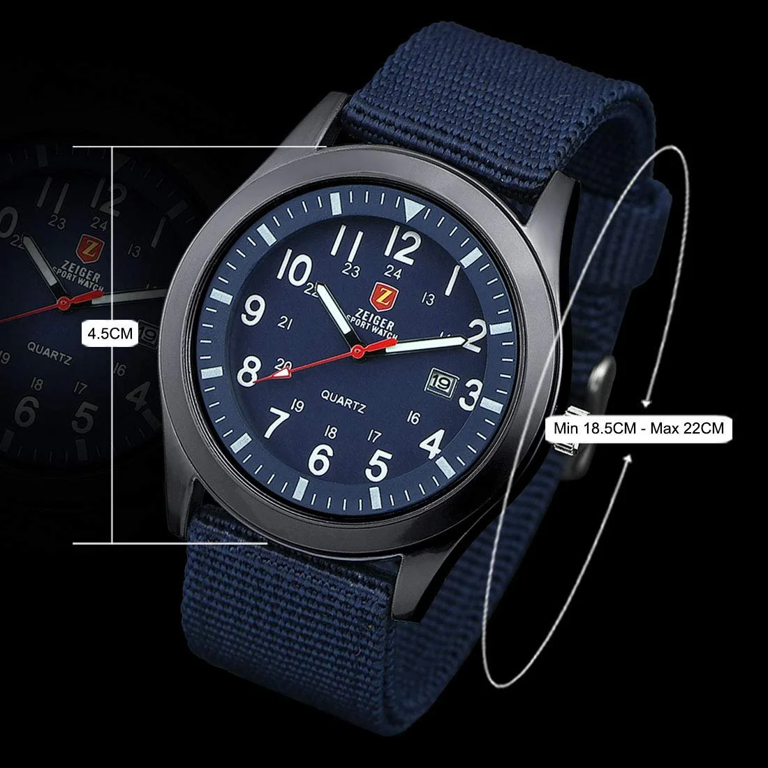 Мужские Кварцевые Аналоговые Спортивные Часы Zeiger Military с Датой, Нейлоновый Ремешок, фото №8 Мужские Кварцевые Аналоговые Спортивные Часы Zeiger Military с Датой, Нейлоновый Ремешок, фото №8