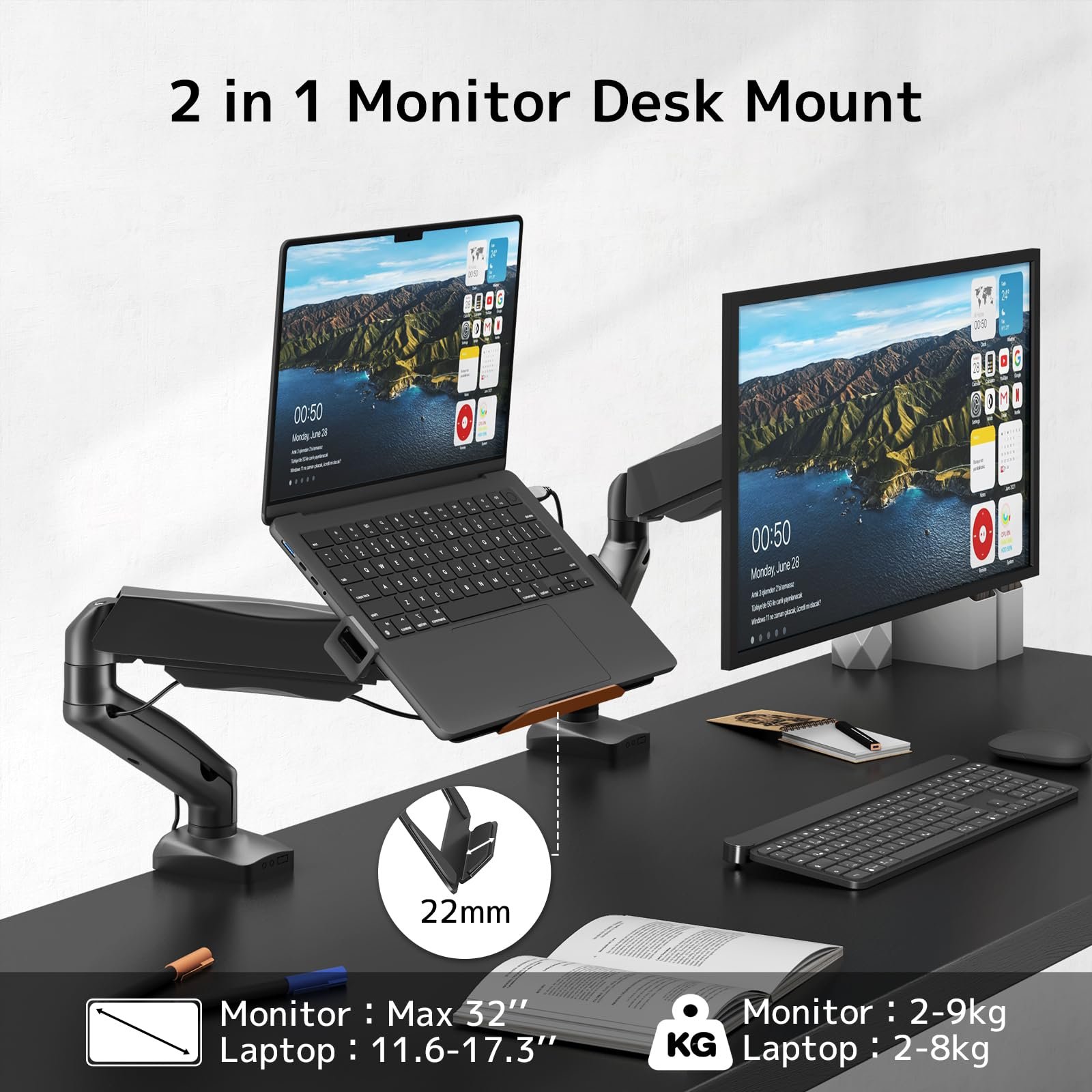 Тримач 2-в-1 для ноутбука та монітора для ноутбуків 11.6-17.3 дюймів та моніторів 17-32 дюйми, фото №2