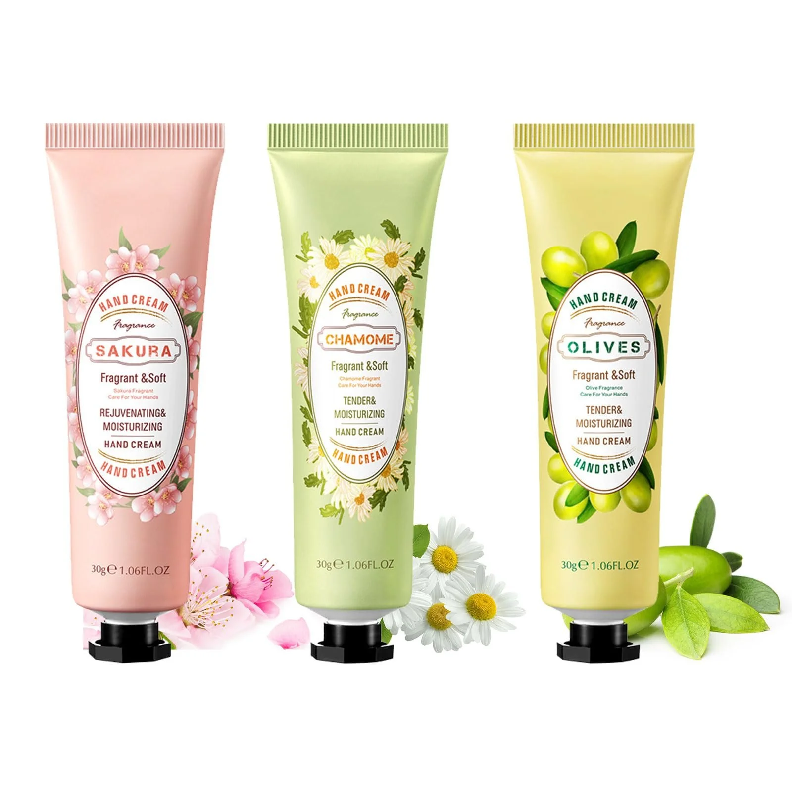 Крем для рук Chamomile, Cherry Blossom and Olive з ромашкою, вишневим цвітом та оливками Характеристики Колір 3 шт, фото №1