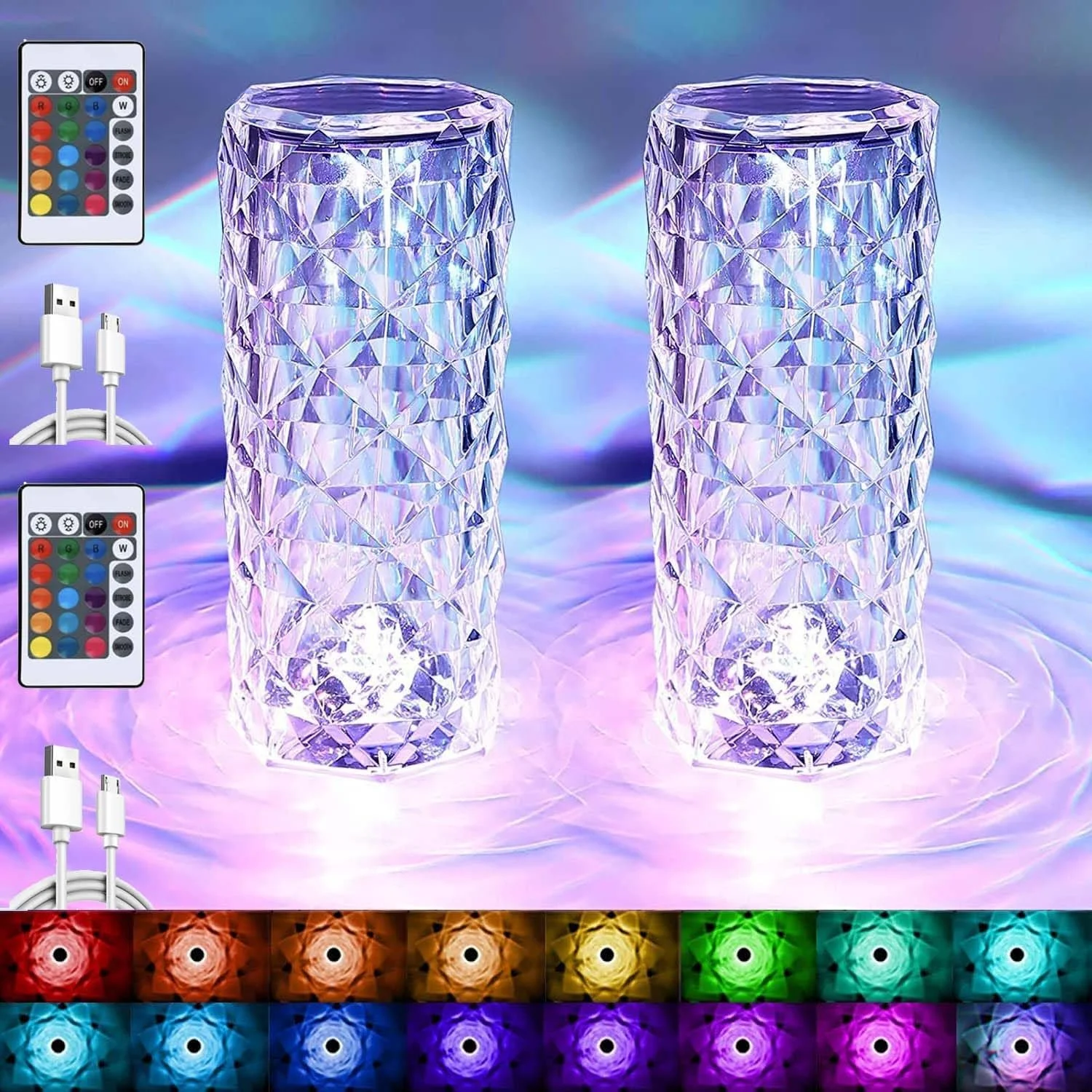 Настільна лампа LED Crystal Набір 2 шт 2000 мАг 16 кольорів RGB Сенсорна з пультом, фото №1