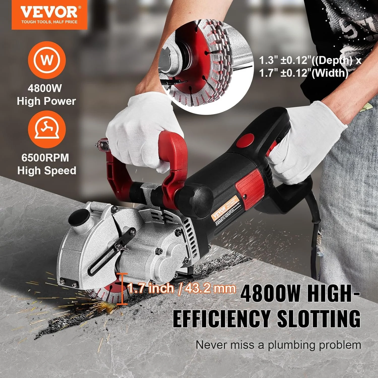 Електричний штроборіз VEVOR K1331 / 4800 Вт / 125 мм диск / 6500 об/хв / Червоний-чорний, фото №7
