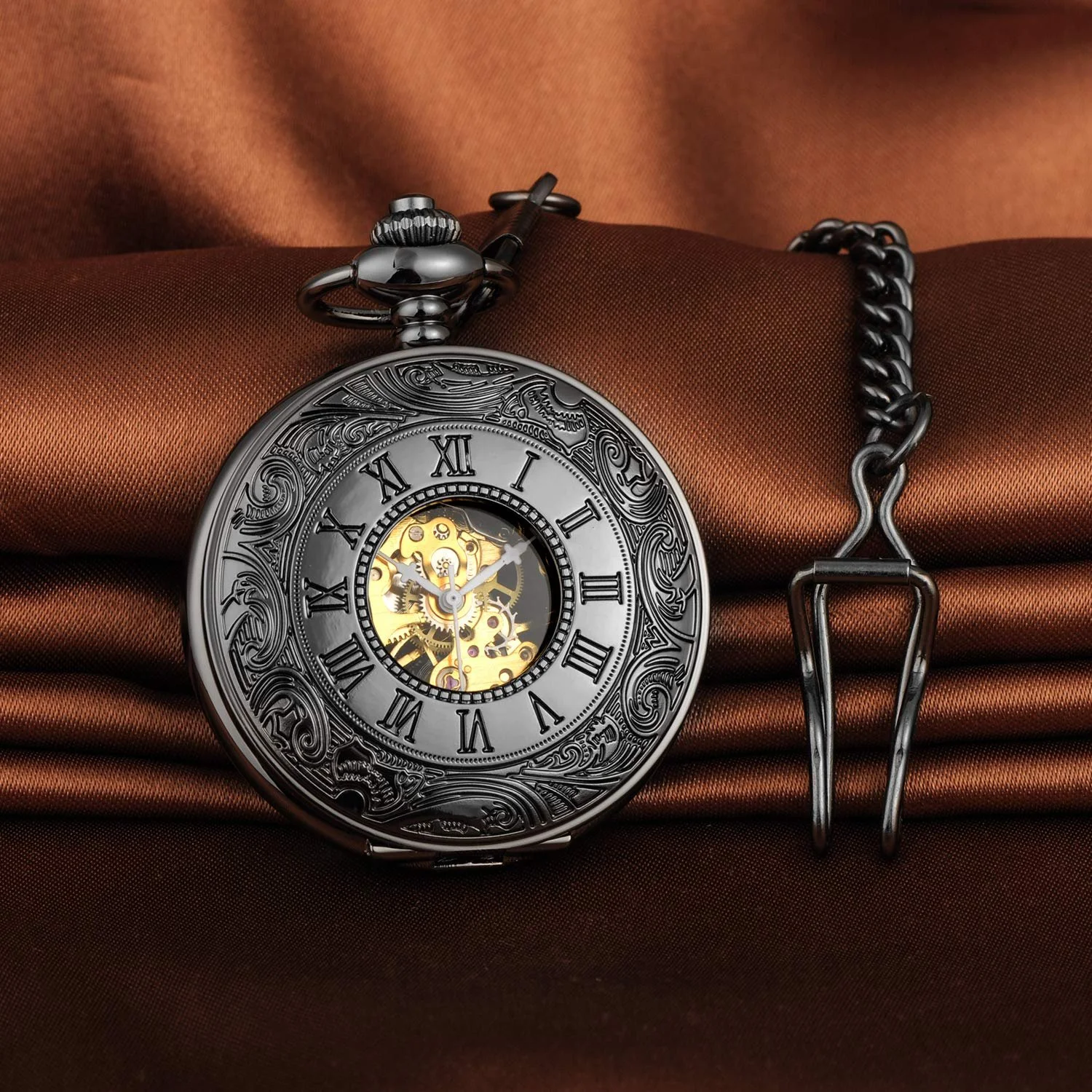 Карманные часы MICGIGI Унисекс с цепочкой-ожерельем, аналоговые, с ручным заводом, черные, с римскими цифрами, механические, винтажные, фото №3
