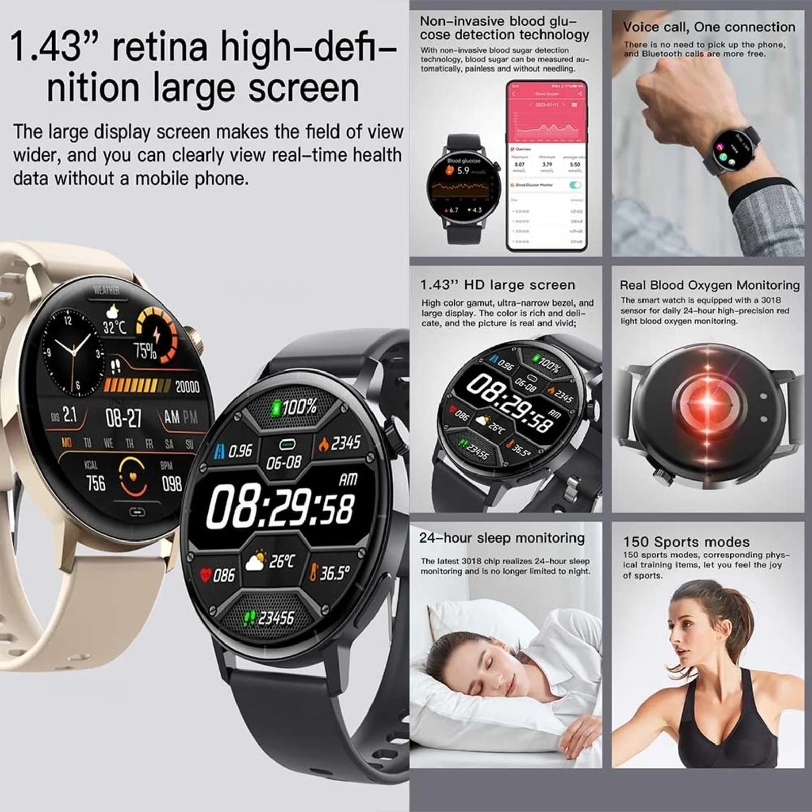 Смартгодинник Betterlife F67S0620 з вимірюванням кров'яного тиску, 1.43", коричневий, фото №6