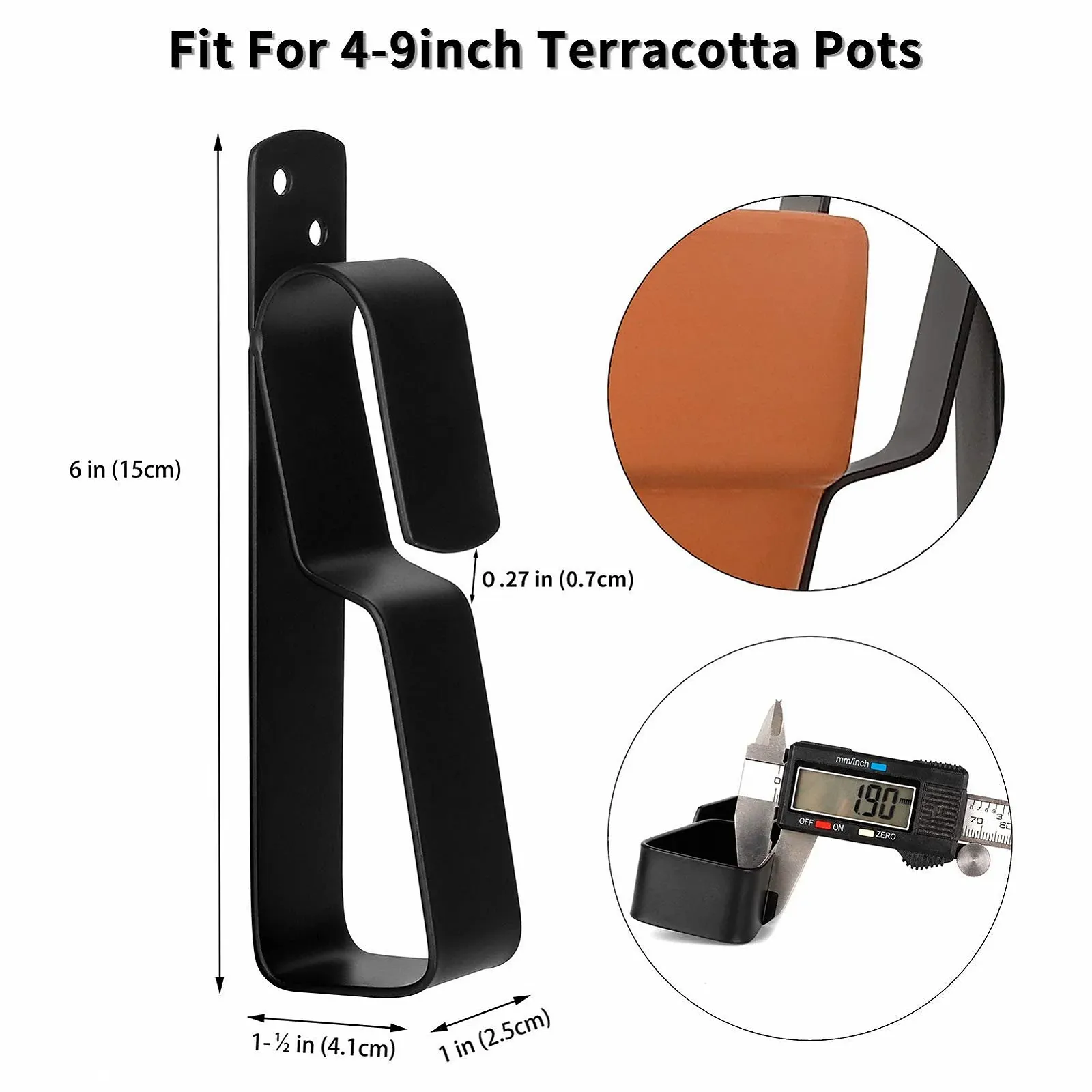 Залізний гачок для рослин кліпси для теракотових горщиків 10-23 см набір із 4 шт. чорний, фото №3