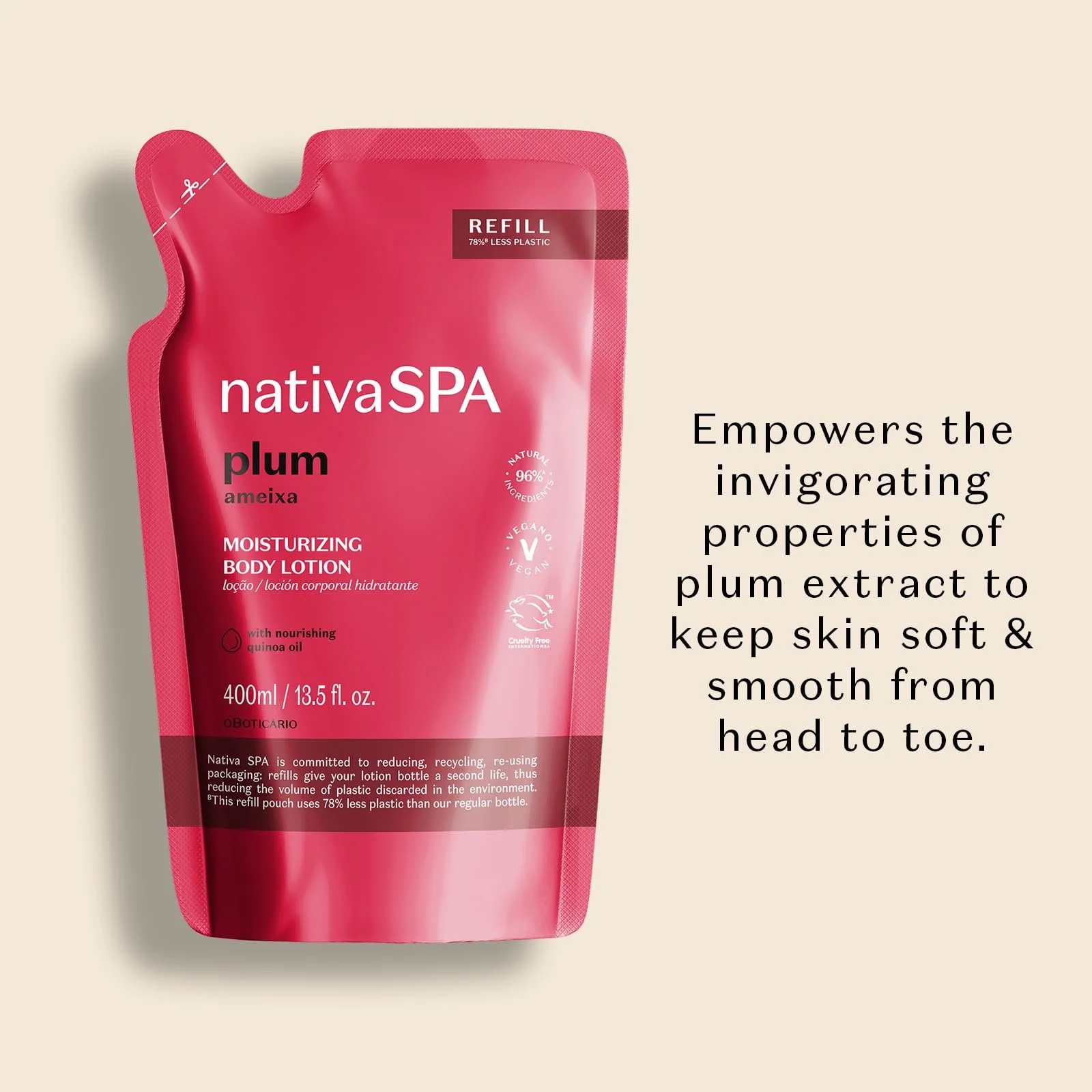 Увлажняющее средство для тела O Boticário Native SPA Слива, Парфюмированный лосьон для тела с каплями киноа для большего увлажнения, 400 мл, фото №2 Увлажняющее средство для тела O Boticário Native SPA Слива, Парфюмированный лосьон для тела с каплями киноа для большего увлажнения, 400 мл, фото №2