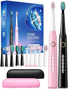 Електрична зубна щітка 2 шт. 40000 VPM 5 режимів 12 насадок 2 дорожніх чохла Чорна та Рожева - Фото 1