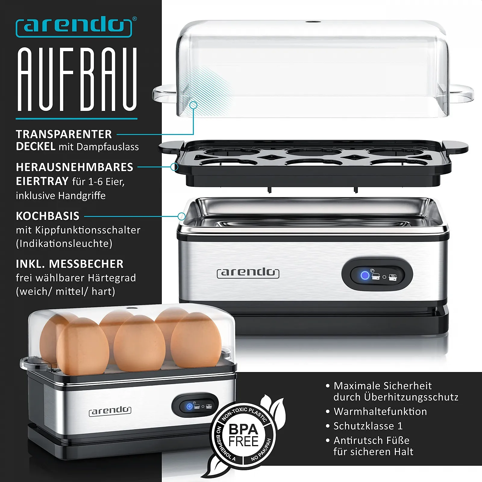 Тостер Arendo FRUKOST з яйцеваркою Sixcook, нержавіюча сталь, сріблястий, 2 скибочки, LED-дисплей, 6 рівнів підсмажування, тримач для хліба, фото №6