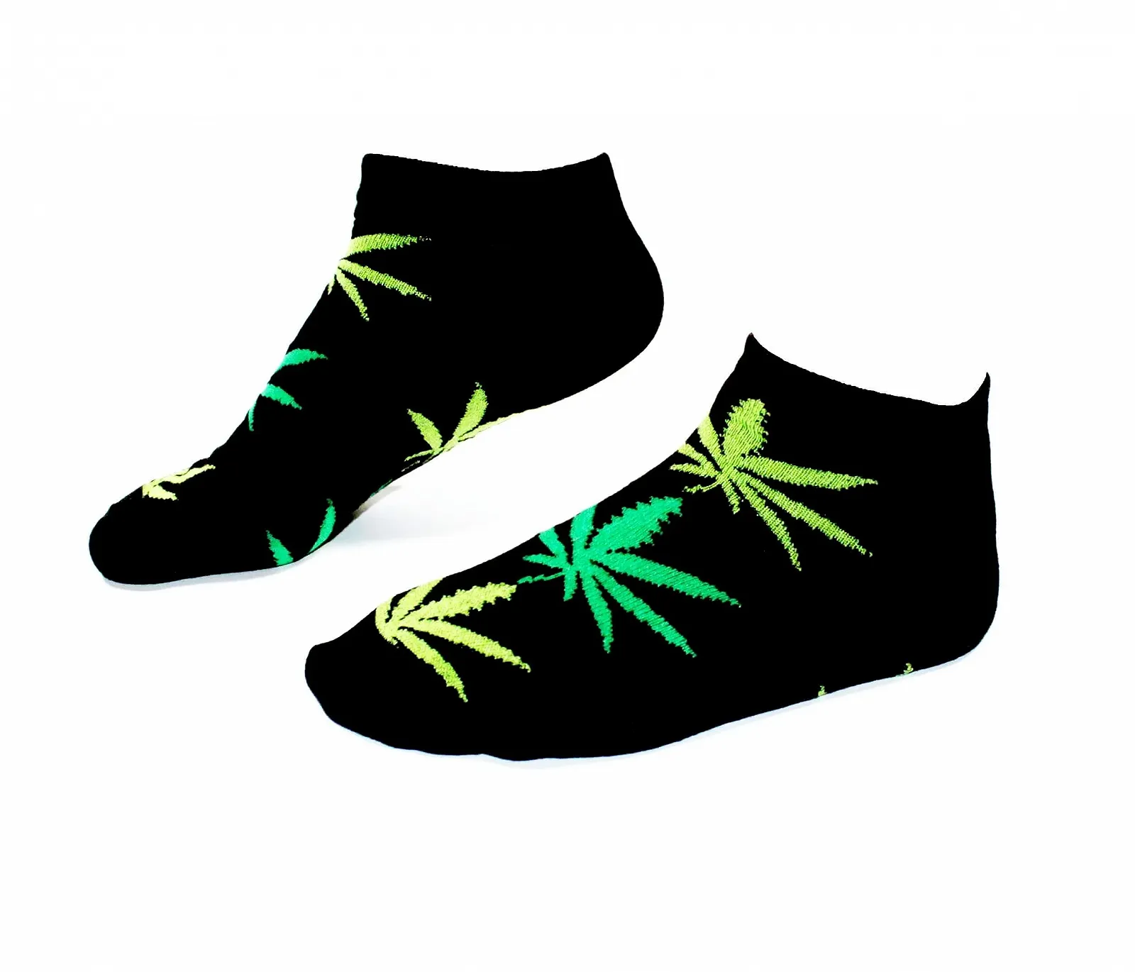 Женские короткие носки Черный с зелеными листьями конопли Размер 3-8, Зеленый, фото №1