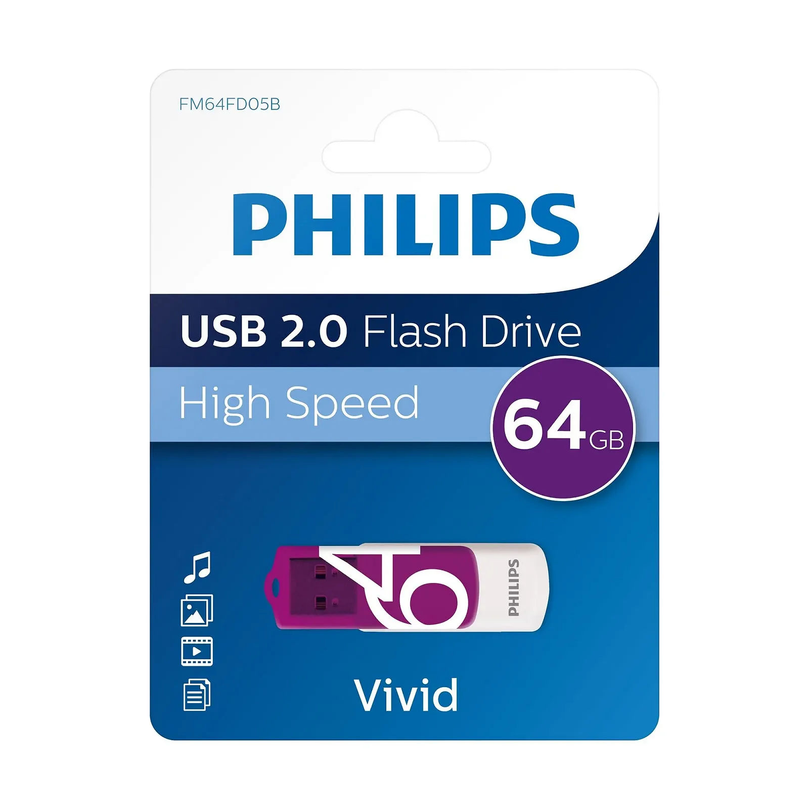 USB-накопичувач Philips Vivid Edition 64 ГБ High Speed 2.0 Swivel Cap White/Purple, фото №2