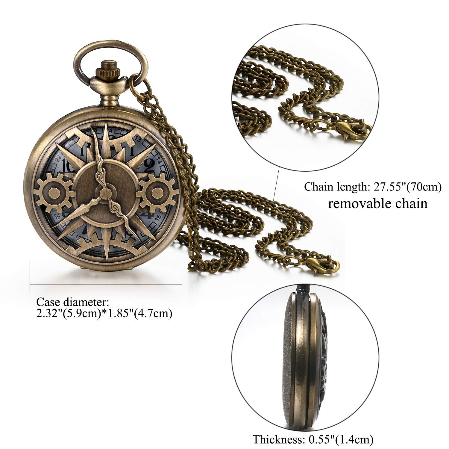 Карманные часы JewelryWe Мужские ретро Шестерёнки/Череп/Римские цифры/Карта мира знаков зодиака Цепочка Аналоговые кварцевые часы Кулон с цепочкой-ожерельем Бронзовый подарок для мужчин, фото №5
