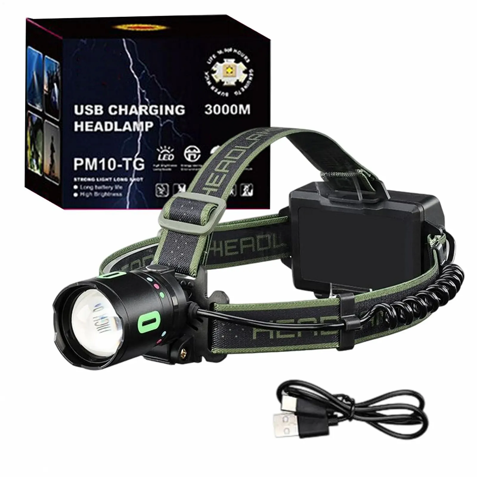 Налобний ліхтар Водонепроникний Яскравий ліхтарик з 8 режимами Чорний, фото №1