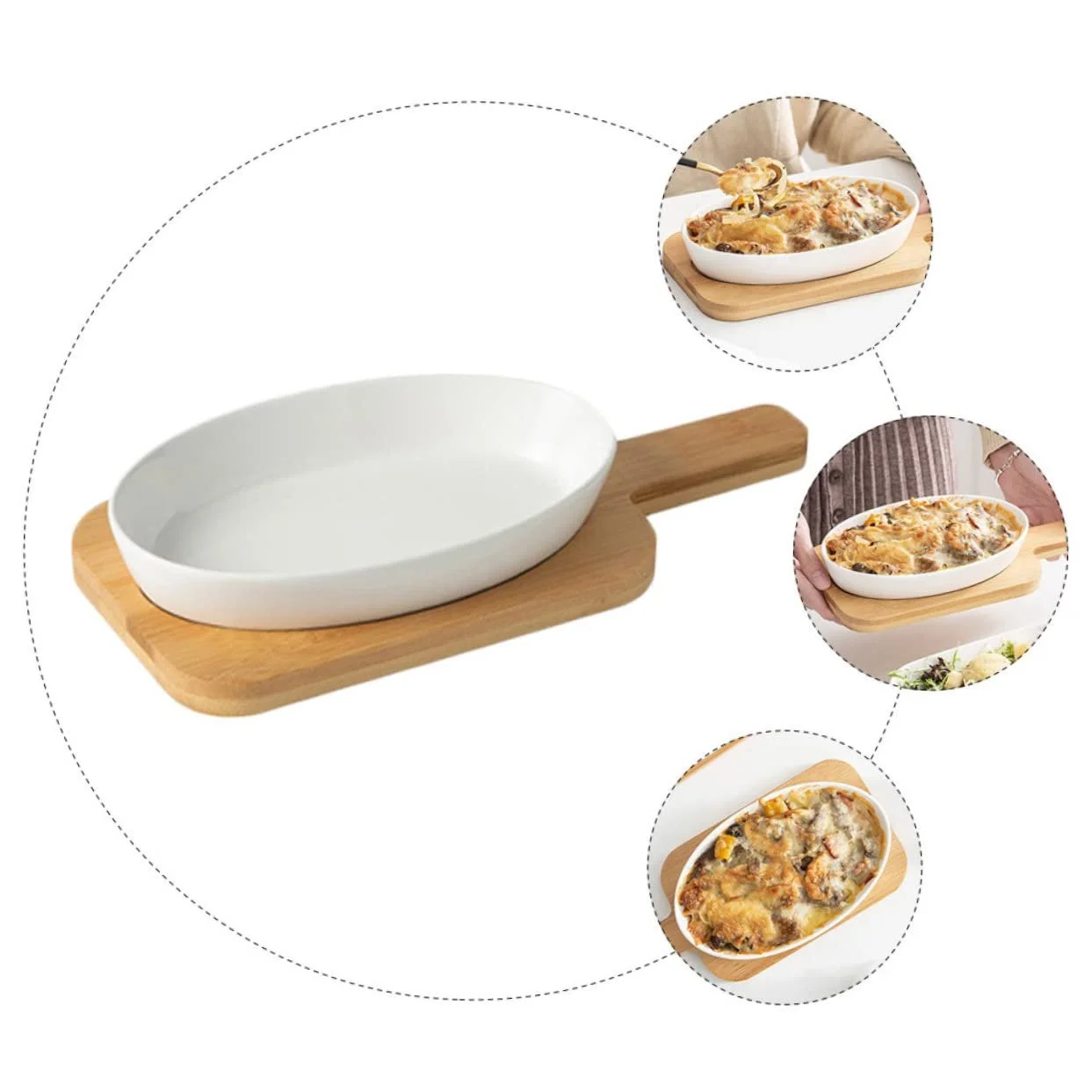 Форма для запікання керамічна Овальна з дерев'яною підставкою, екстра товста, термостійка, фото №4