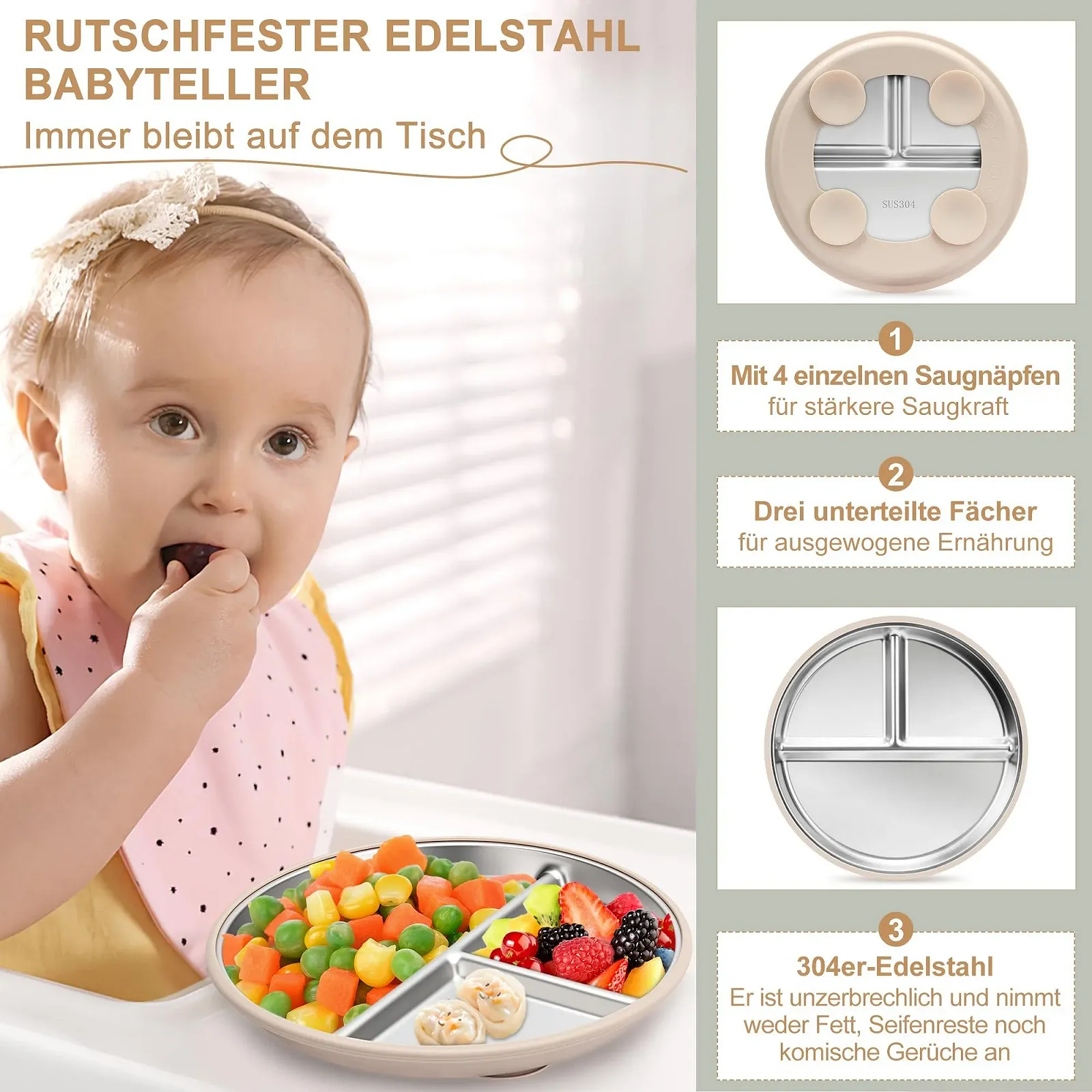 Набір дитячого посуду MOJINL з нержавіючої сталі з присоскою, 6 предметів: дитяча тарілка, чашка, дитячий слинявчик з рукавами, ложка, виделка, миска, без BPA, фото №3