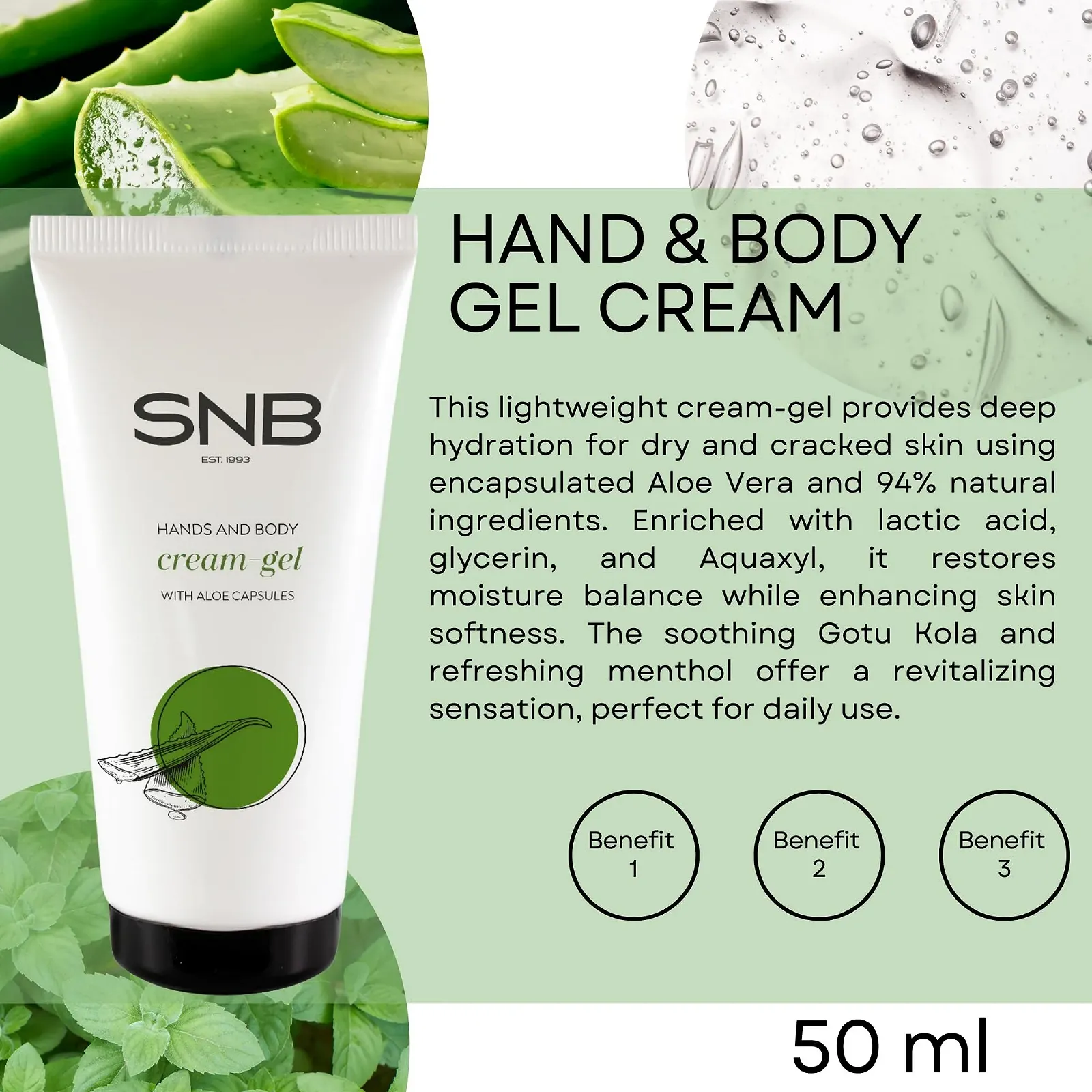 Крем для рук та тіла SNB Professional Гель 50 мл з капсулами алое, молочною кислотою, гліцерином та Aquaxil 94% натуральний, фото №2