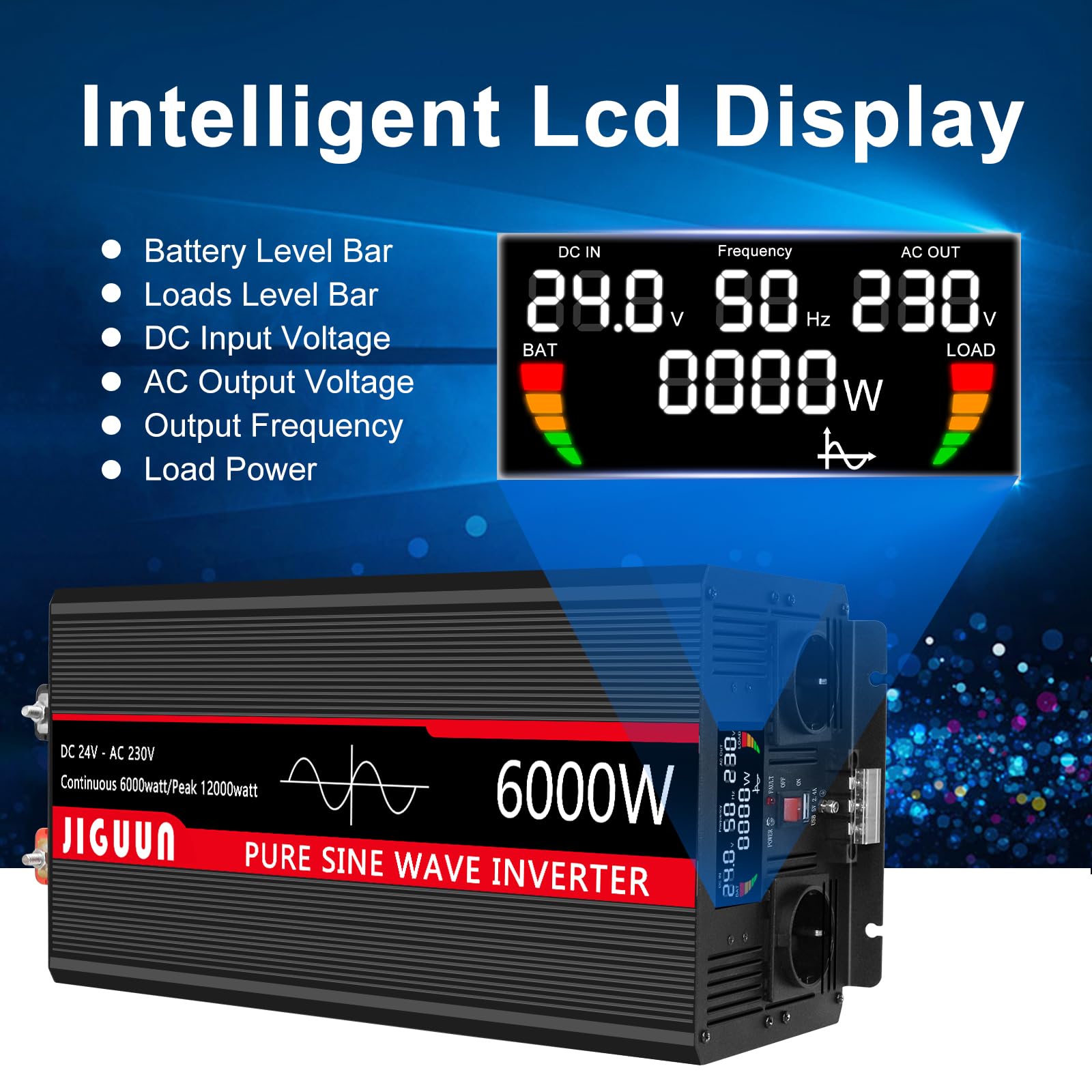 Інвертор JIGUUN Pure Sine Wave 6000 W 24 V 230 V з 2 EU розетками та USB виходом 2.4 A бездротовий пульт дистанційного керування та LCD дисплей пікова потужність 12000 W, фото №3