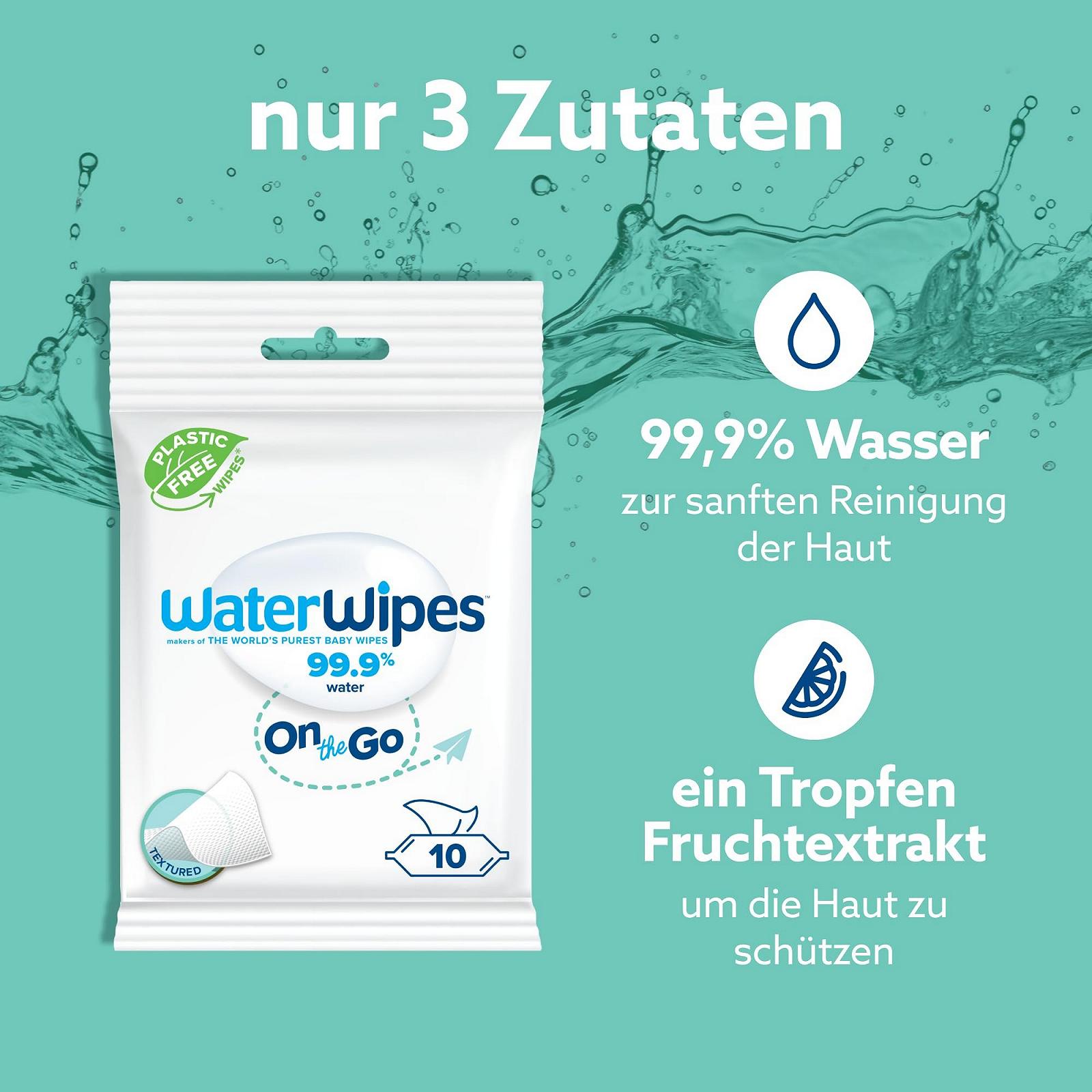 Серветки WaterWipes дорожные, 100 штук (10 упаковок), влажные серветки на 99.9% на водной основе, идеальны для путешествий, лица и тела, фото №3