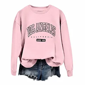 Женский свитшот с принтом Los Angeles, хлопок, длинный рукав, круглый вырез, однотонный, легкий - Фото 1