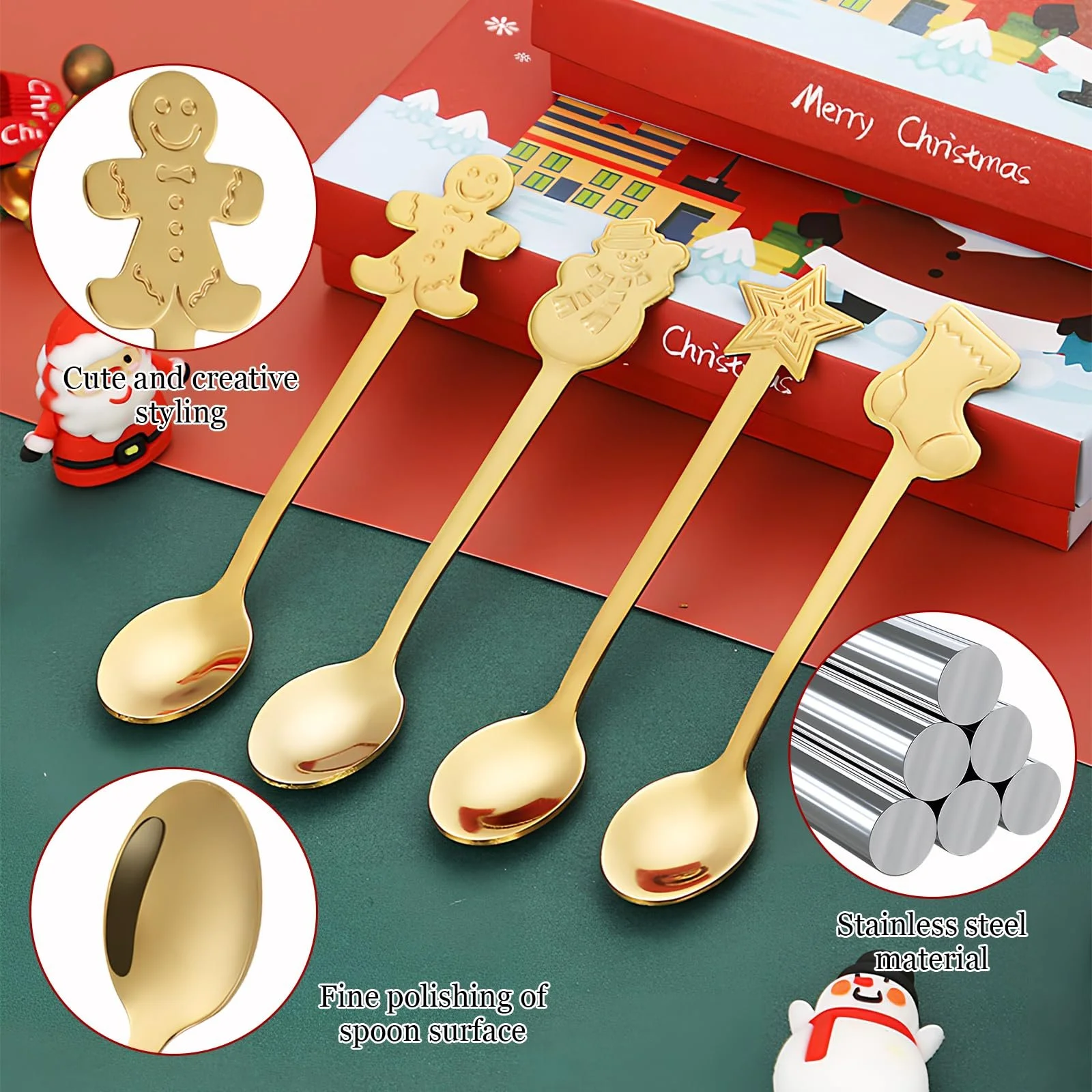 Набор рождественских ложек, 4 штуки, рождественские кофейные ложки, чайная ложка из нержавеющей стали, десертная ложка, ложка для смешивания, набор рождественской посуды с подарочной коробкой для рождественского украшения, вечеринки и кухни, фото №4