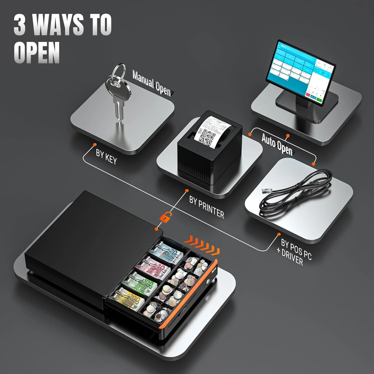 Касова шухляда Tera 405R / 4 відділення банкнот / 8 відділення монет / Чорний, фото №4 Касова шухляда Tera 405R / 4 відділення банкнот / 8 відділення монет / Чорний, фото №4