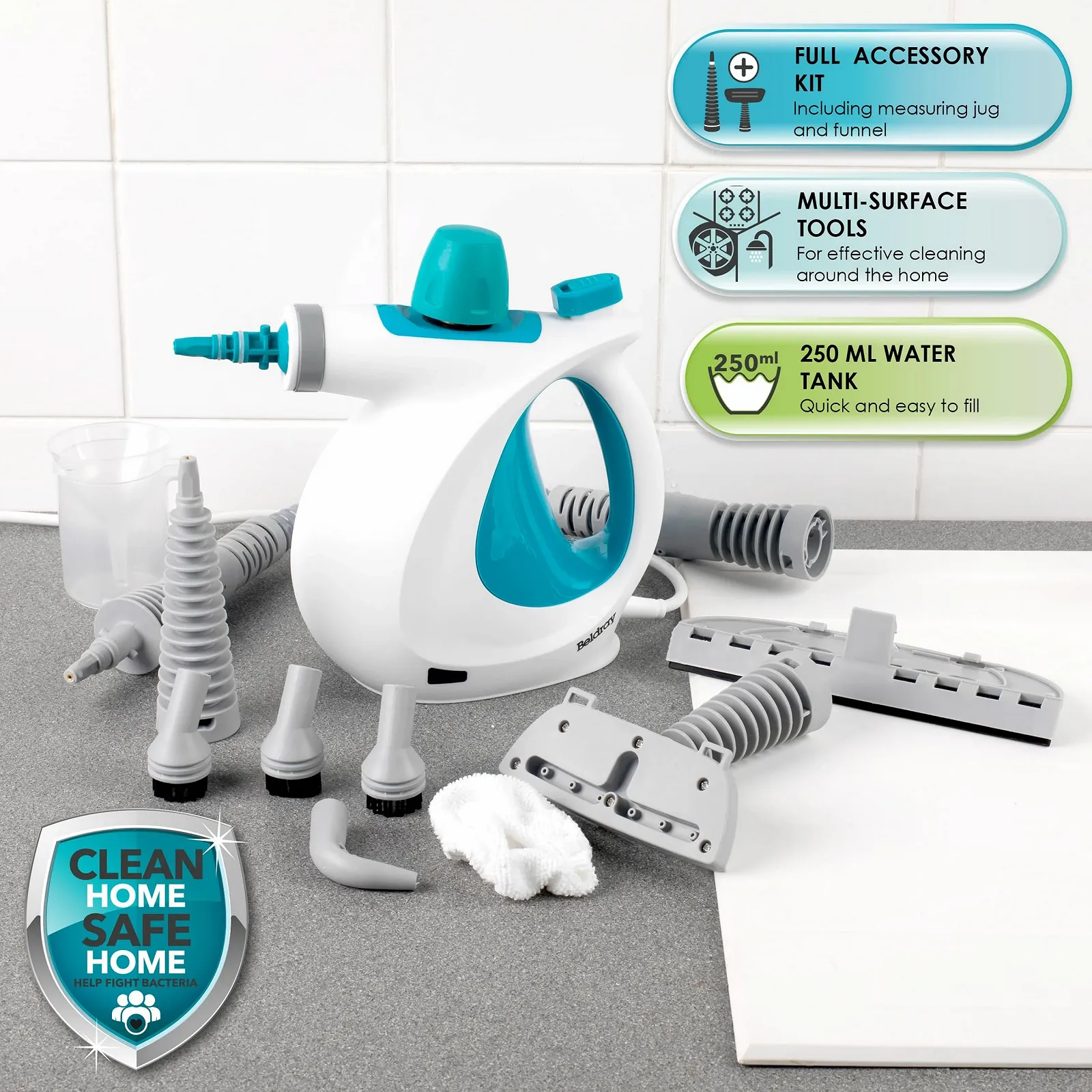 Ручний пароочисник Beldray 10-в-1 для ванної кімнати, плитки, дзеркала, вікна з європейською вилкою, 1000 Вт, ефективно вбиває побутові бактерії бірюзовий, фото №4