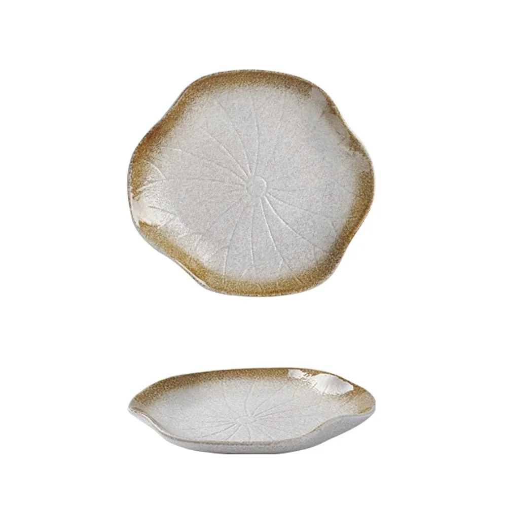 Керамічна тарілка для салату та десертів у формі листка лотоса 20,5x19x2,5 см антикварний стиль, фото №1 Керамічна тарілка для салату та десертів у формі листка лотоса 20,5x19x2,5 см антикварний стиль, фото №1