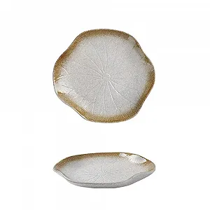 Керамічна тарілка для салату та десертів у формі листка лотоса 20,5x19x2,5 см антикварний стиль - Фото 1