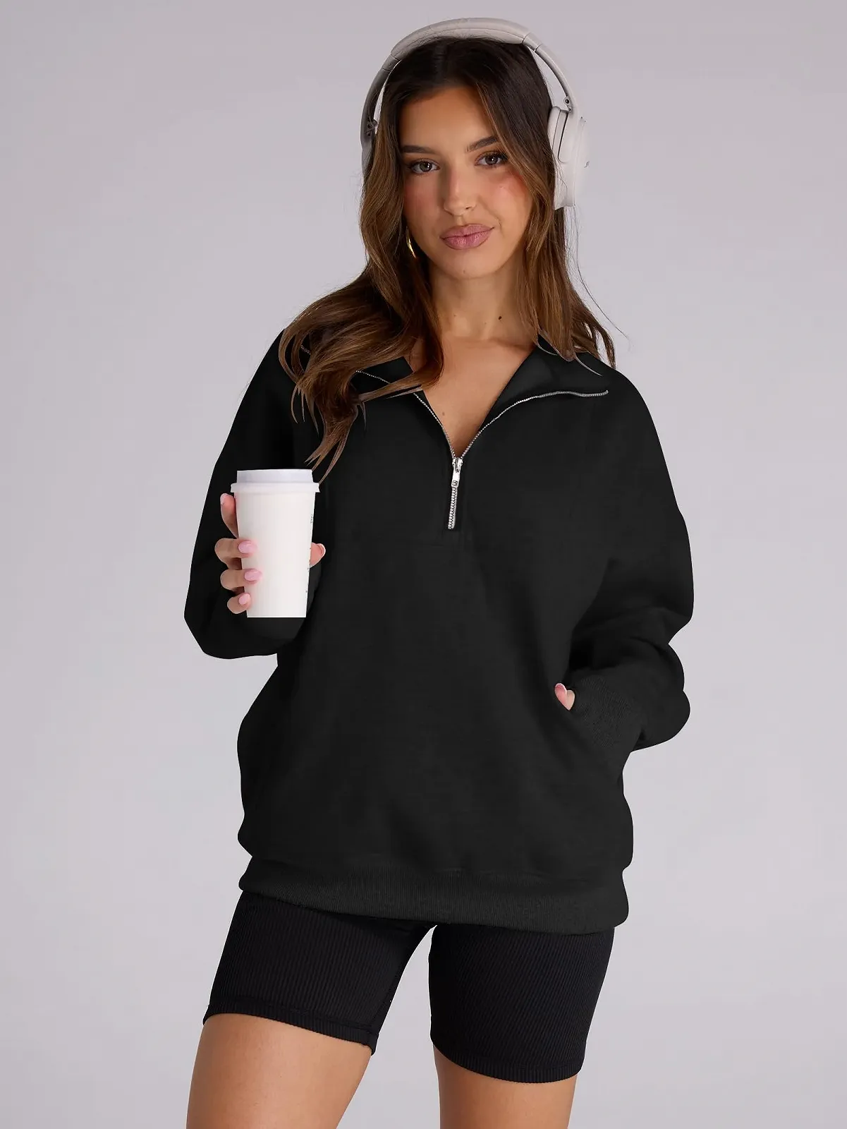 Женская толстовка на молнии Famulily однотонная с длинными рукавами свободного кроя зимняя флисовая с капюшоном и карманом S-XL, фото №2