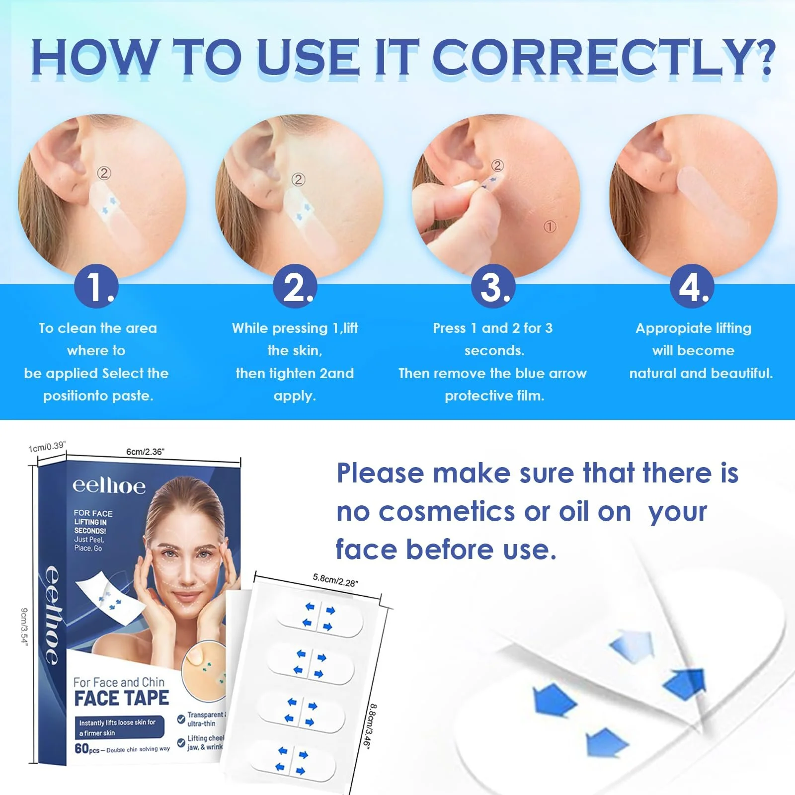 Стрічки для підтяжки обличчя LURNODY, 60 шт., невидимі наклейки для підтяжки обличчя, фото №5