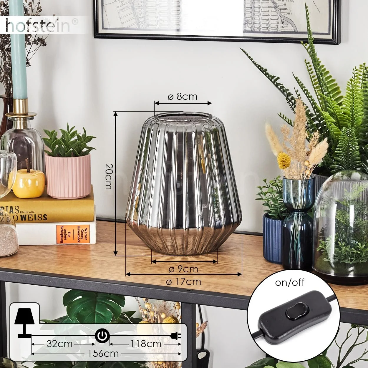 Настільна лампа Telhais метал/скло 17 см 1 x E27 Хром/Димчастий/Чорний, фото №5