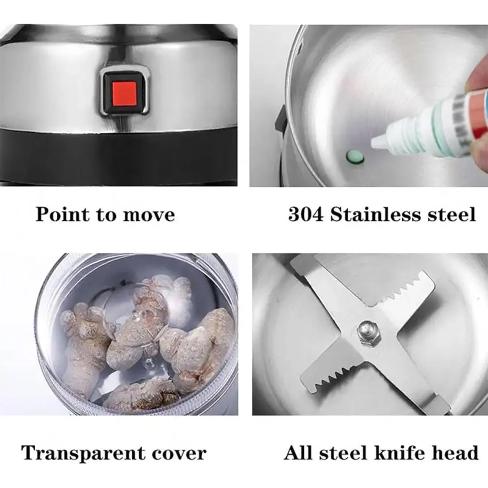 Электрическая зерновая мельница, мельница для специй, высокоскоростная мельница для сухого помола, нержавеющая сталь, конструкция с четырьмя лезвиями, для трав, орехов, злаков, кукурузы, муки, специй и таблеток, фото №7