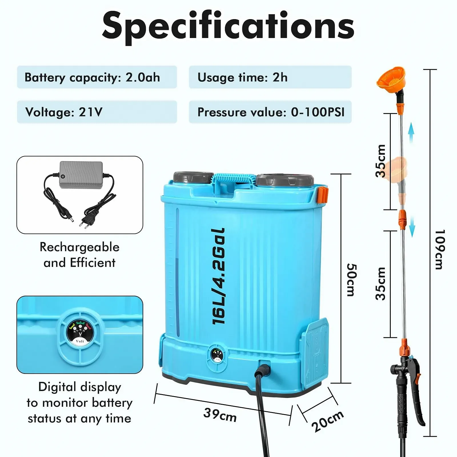 Акумуляторний обприскувач 16 л 100 PSI сумісний з Makita 18 V, фото №7 Акумуляторний обприскувач 16 л 100 PSI сумісний з Makita 18 V, фото №7