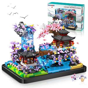 Конструктор INSOON Cherry Blossom Flowers Набір з LED ліхтарем, 1990 штук, Японська Архітектура Мікро будівельні блоки - Фото 1