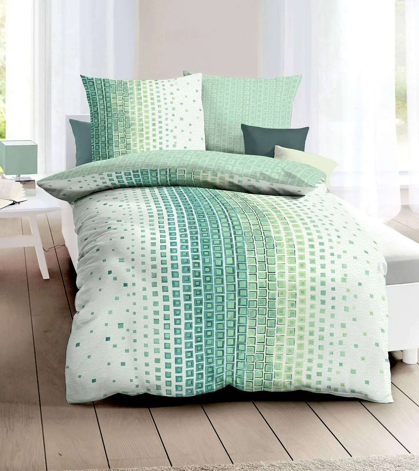 Комплект постільної білизни JACK Kaeppel Elegant Seersucker 2 предмети двосторонній 135 x 200 см зелений градієнт Oxygen Jade Square, фото №3