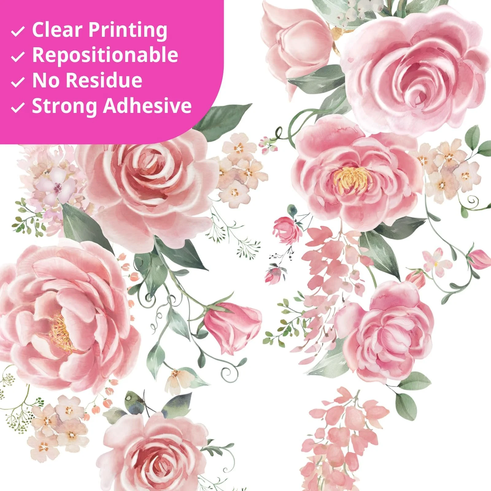 Наклейки на стіну DECOWALL SG3-2428 Трояндові лози з метеликами Квіткові Рожеві, фото №4
