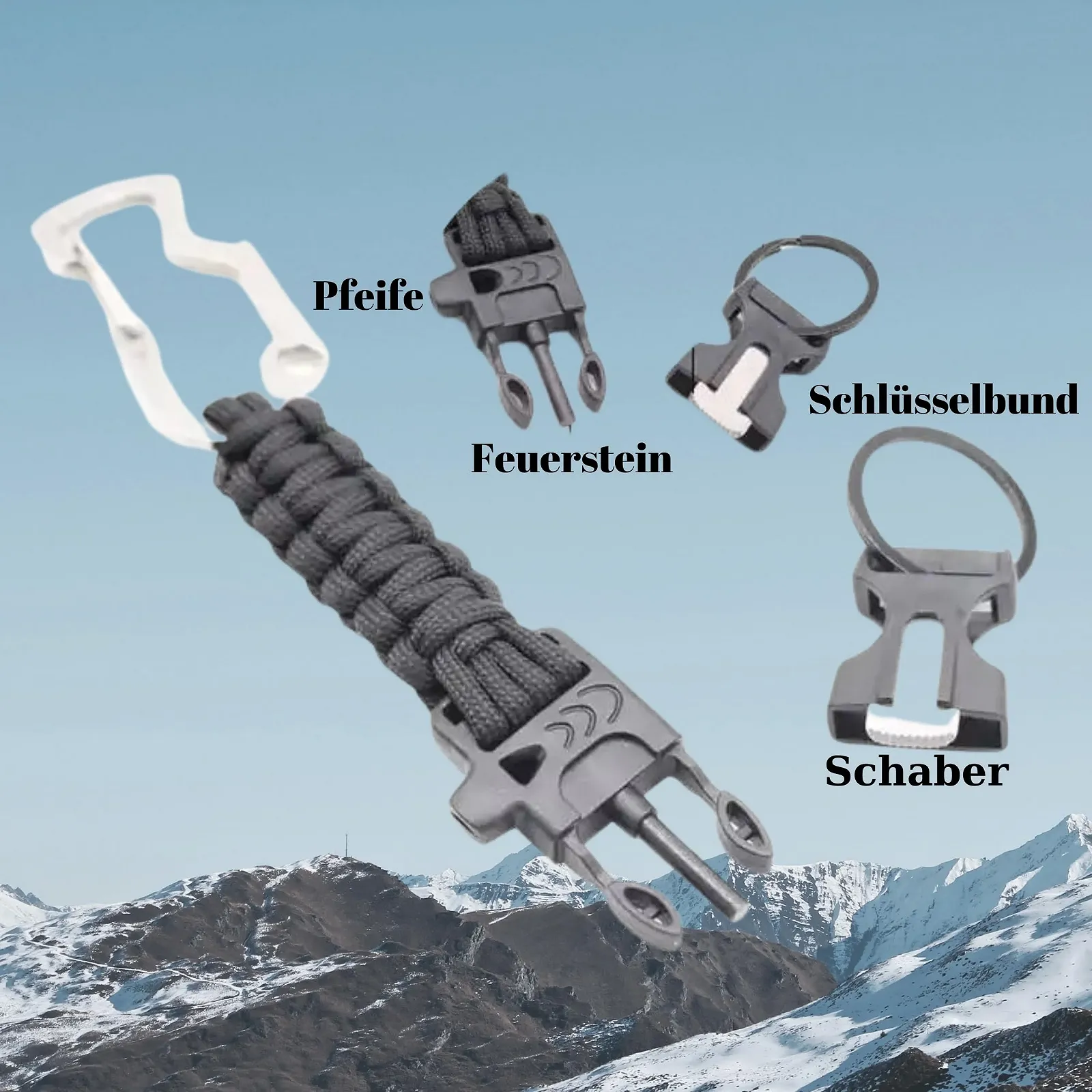 Чоловічий Браслет для виживання Paracord з компасом, свистком, кременем, високоякісним парашутним кордом, фото №4