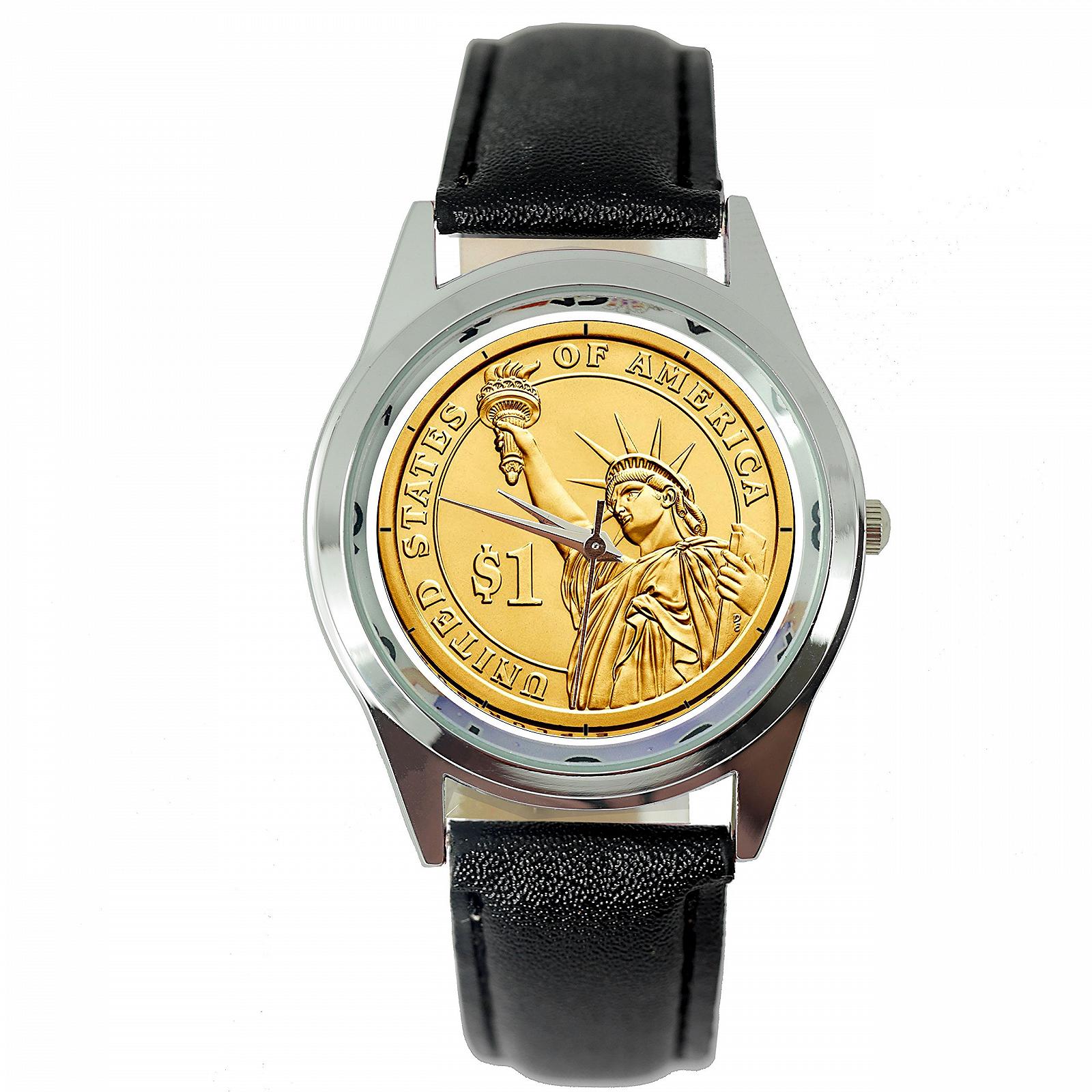 Годинник TAPORT® USA Долар золото Статуя Свободи Кварцовий Круглий Чорний Ремінець зі справжньої шкіри, фото №1
