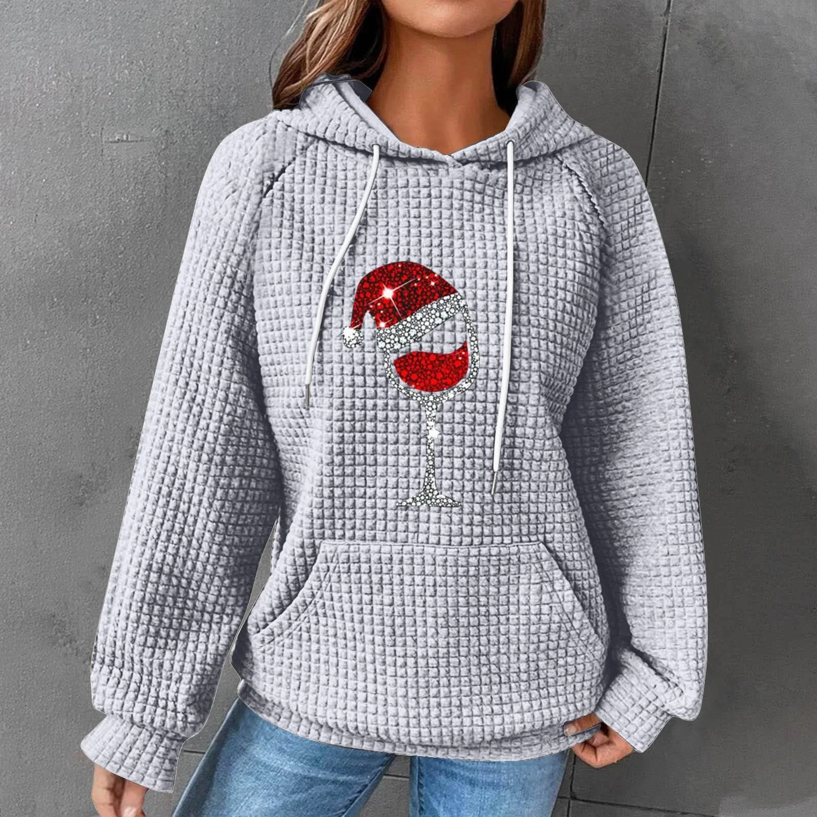 Рождественский джемпер Qixiu Женский Худи Санта Клаус Рождественский Худи Свитшот Уличный Стиль Oversize Длинный Рукав Рождественский Пуловер Топы для Подростков, фото №2