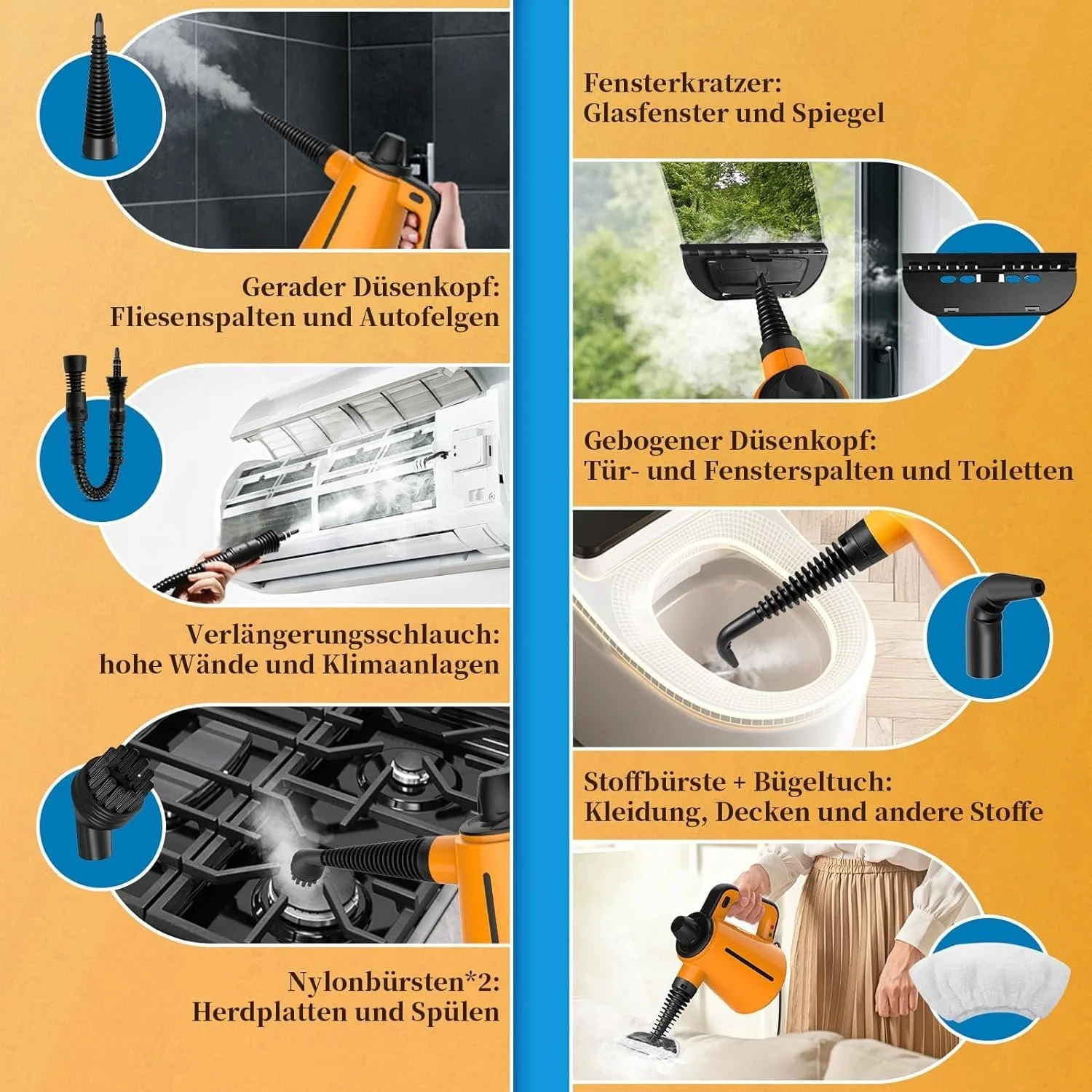 Пароочисник для підлоги, 1050 Вт Багатоцільовий, ручний пристрій, 10 насадок, 3.5 бар, високий тиск, без хімікатів, фото №4