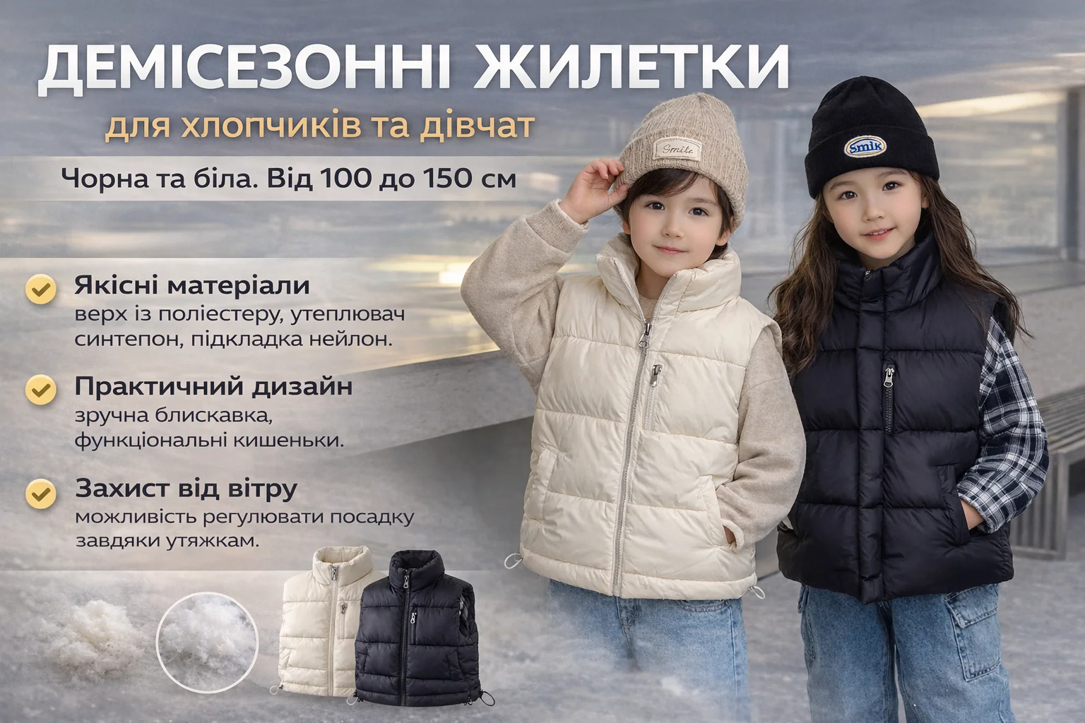 Жилетка дитяча демісезон від 100 до 150 см на бличкавці, чорна та біла жилет весна/осінь, фото №1