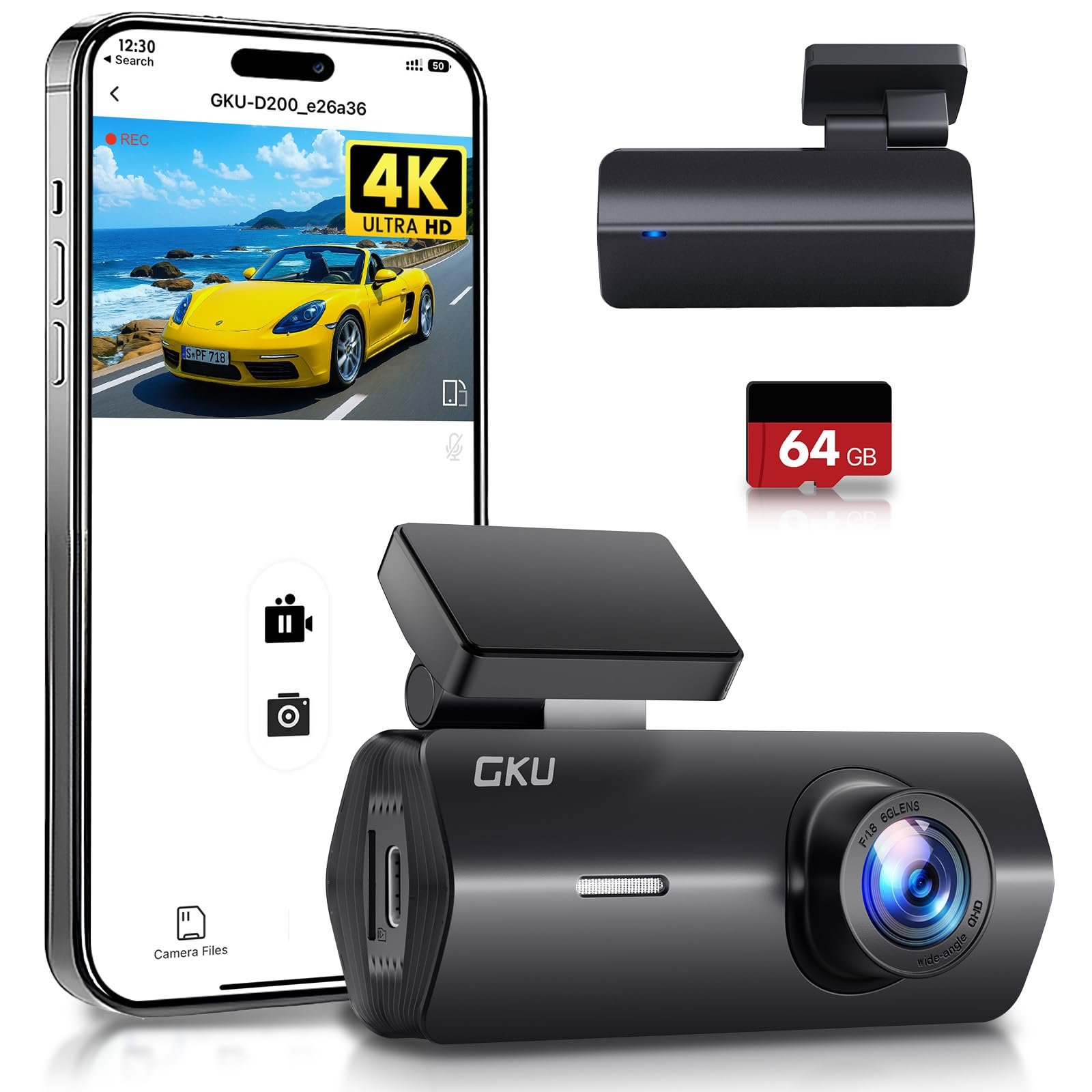 Відеореєстратор GKU 4K Dash Cam Mini WiFi 170 градусів кут огляду Нічне бачення WDR 24H Моніторинг паркування Циклічний запис G-сенсор з SD-картою 64GB, фото №1