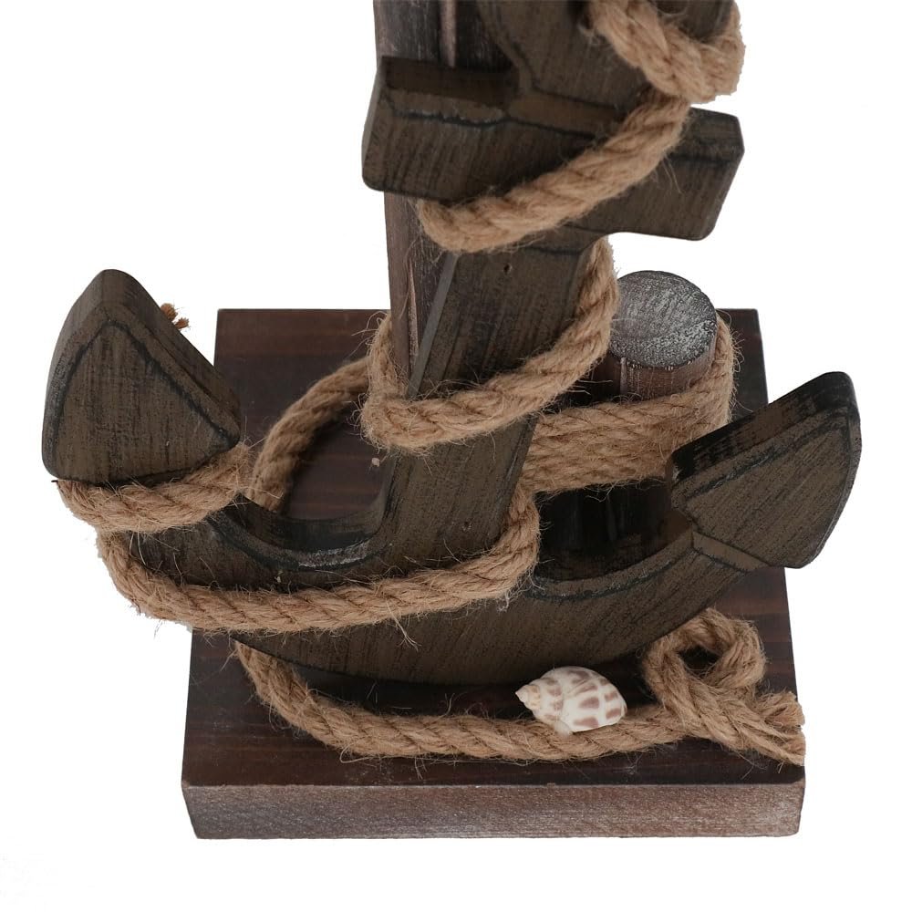 Настільна лампа морська з якорем коричнева дерев'яна з черепашками та джутовим канатом 35 см E27, фото №2