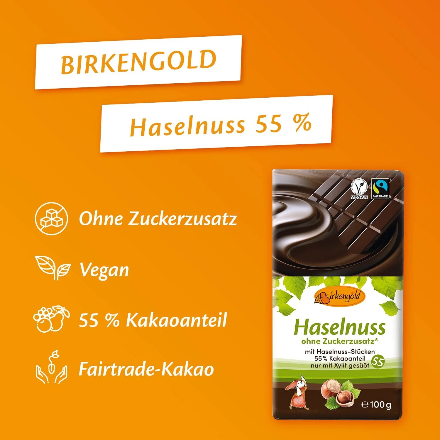 Шоколад Birkengold Hazelnut 100 г, 55% какао, з ксилітолом, Fair Trade, веганський, фото №5