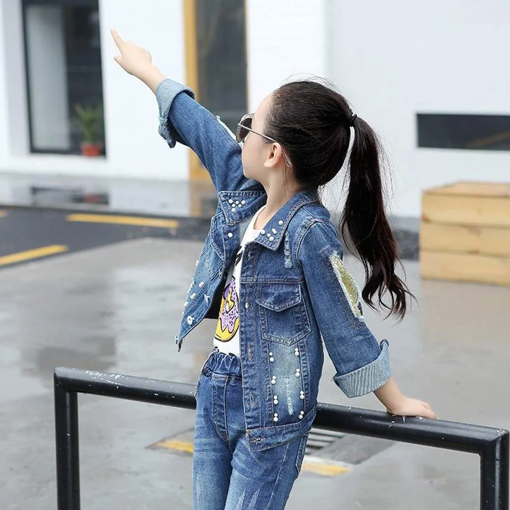 Джинсова куртка для дівчаток LSHEL з довгими рукавами, метелики, перехідна куртка з паєтками, фото №4